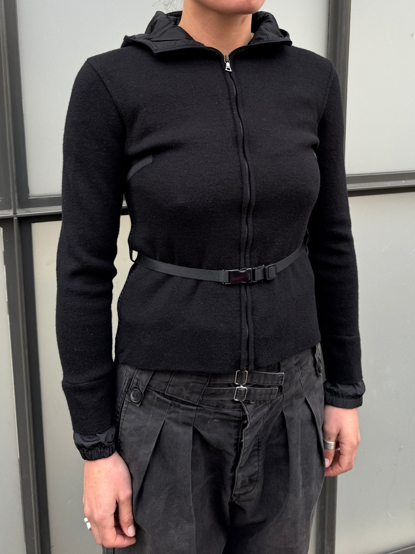 SS99' Prada Mainline Technical Knit Jet Black Zipped Hoodie