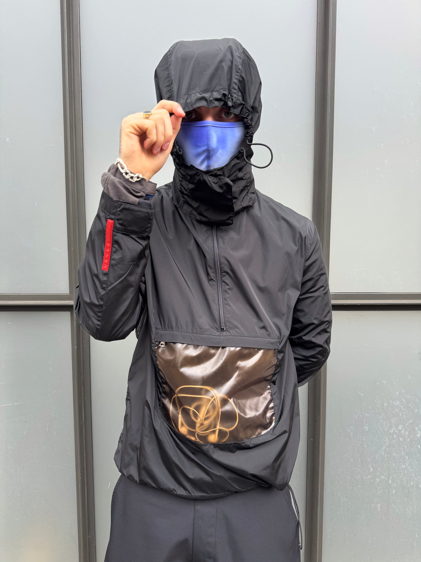 SS00’ Prada Sport Jet Black Semi Transparent Pocket Waterproof Anorak