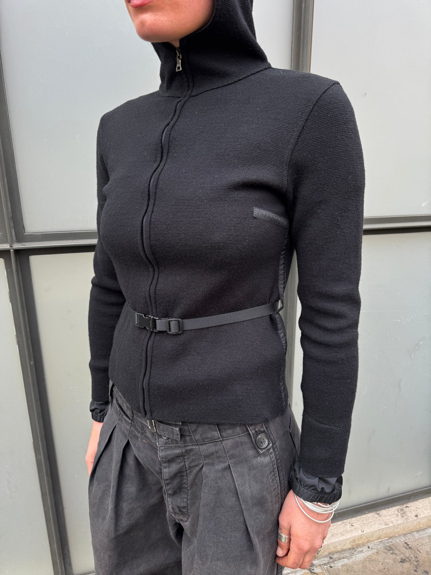 SS99' Prada Mainline Technical Knit Jet Black Zipped Hoodie