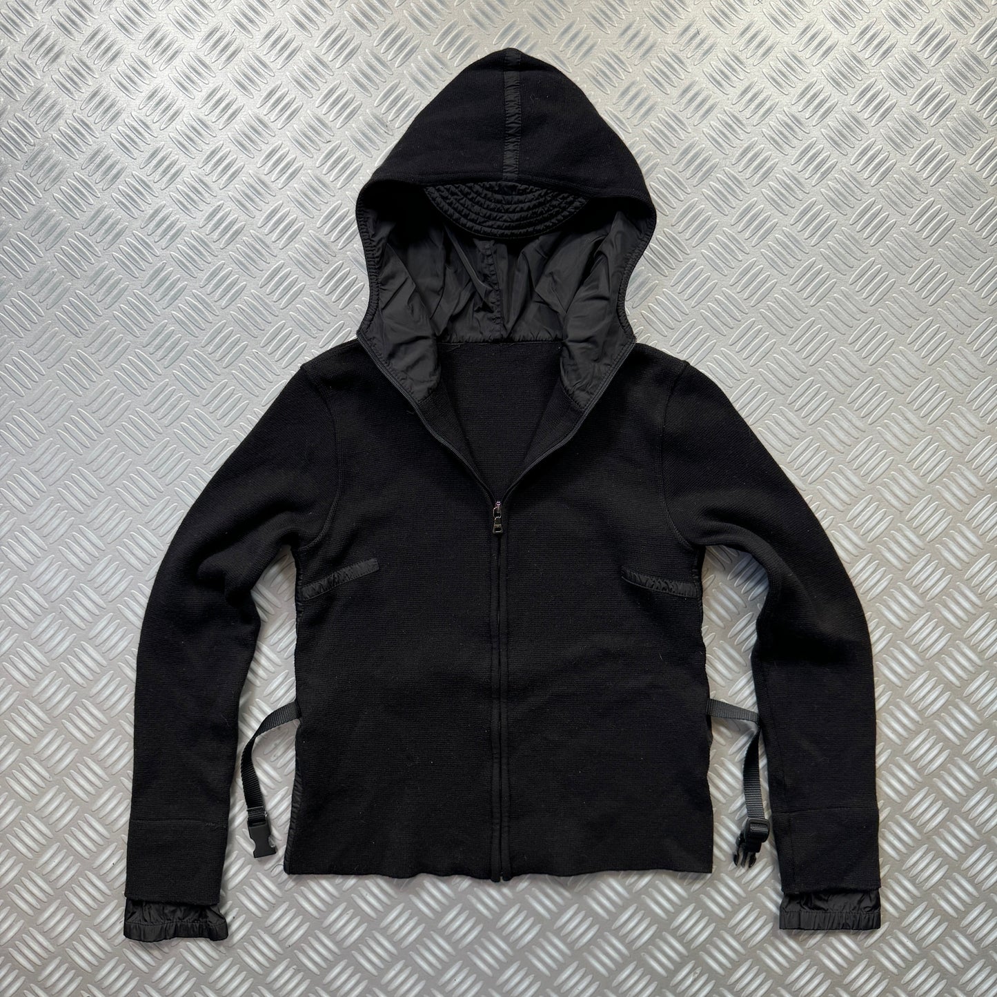 SS99' Prada Mainline Technical Knit Jet Black Zipped Hoodie
