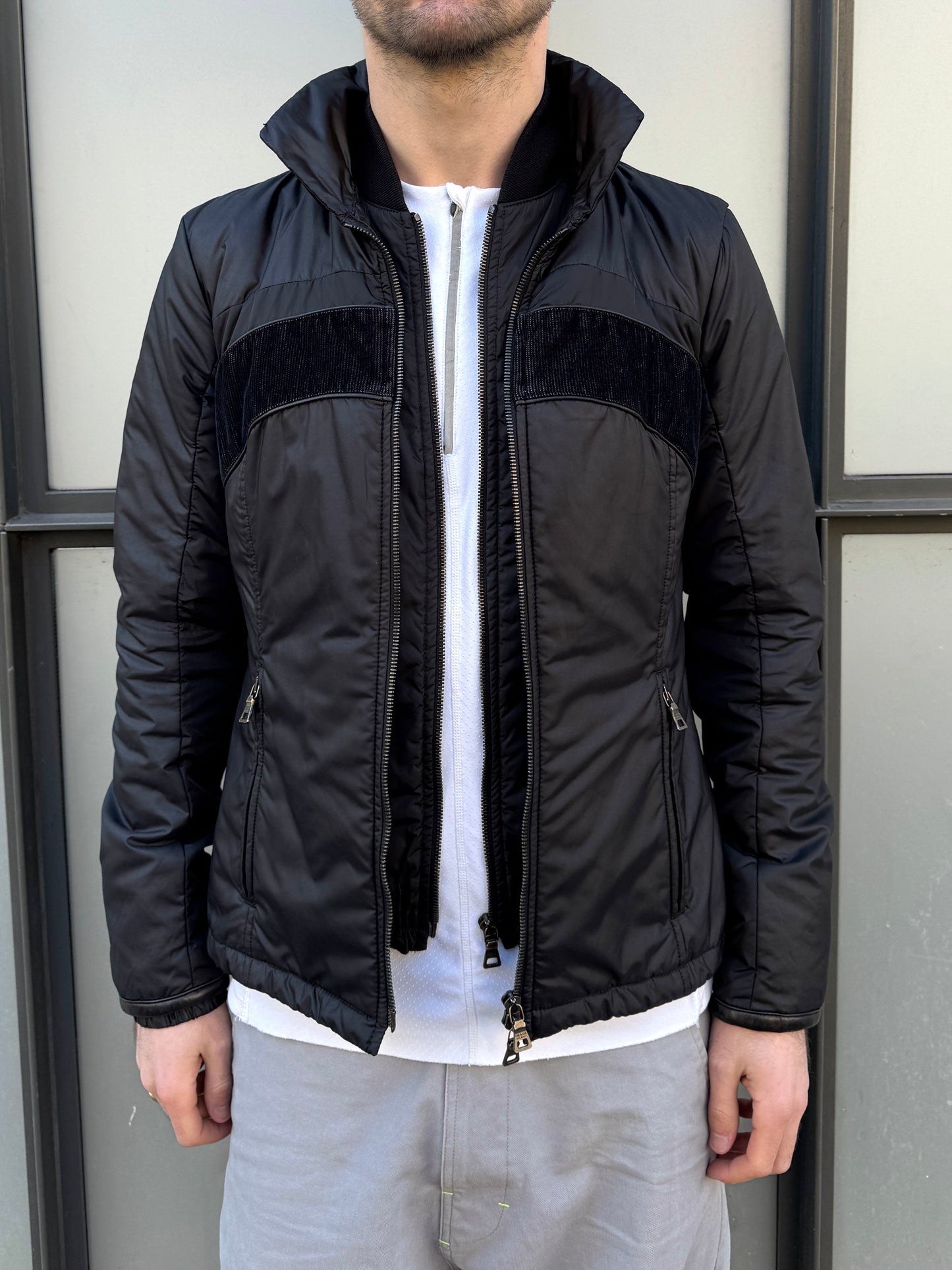 Early 2000’s Prada Main Line Nylon/Leather/Cord Double Layer Jet Black Jacket