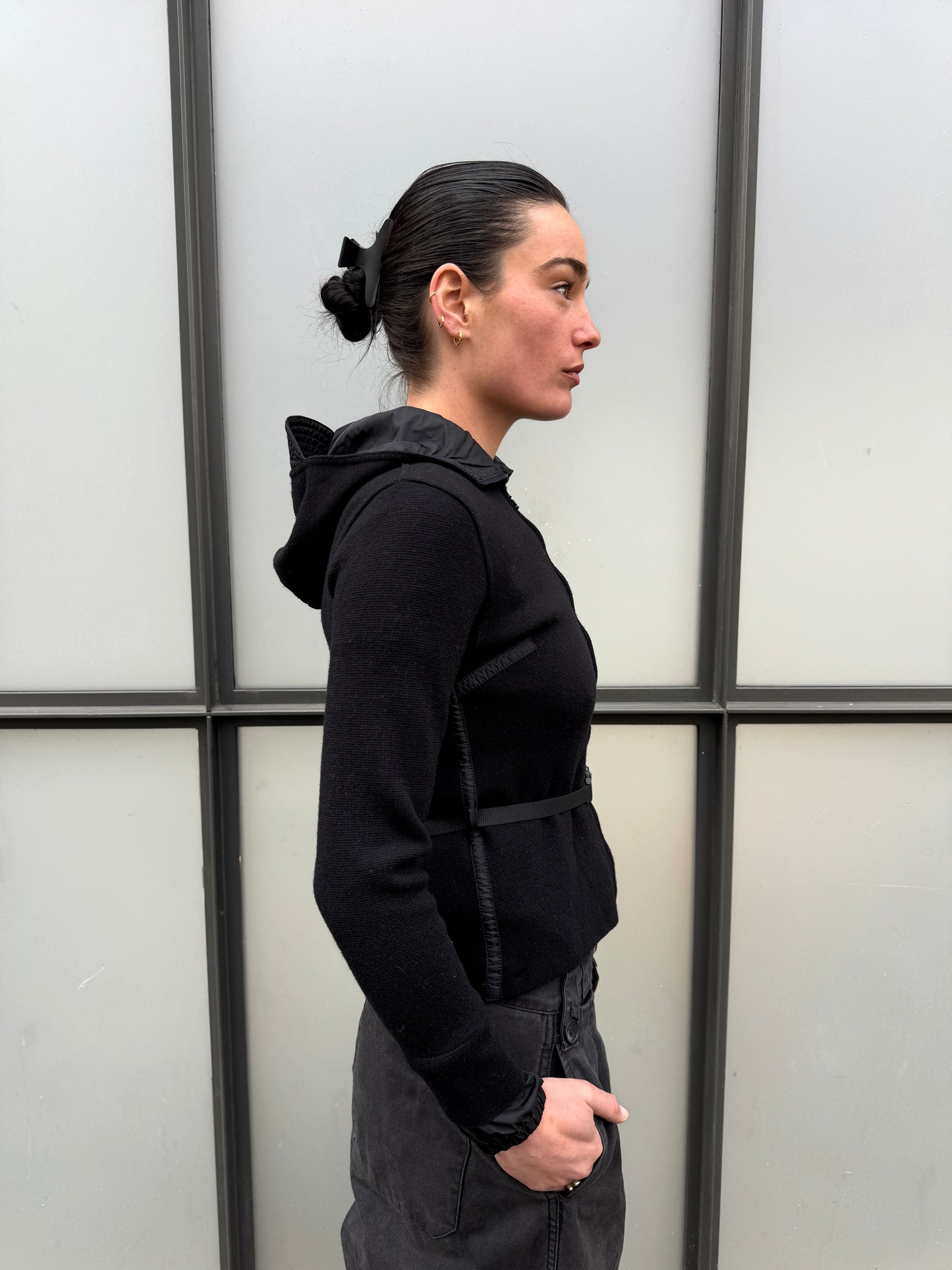 SS99' Prada Mainline Technical Knit Jet Black Zipped Hoodie