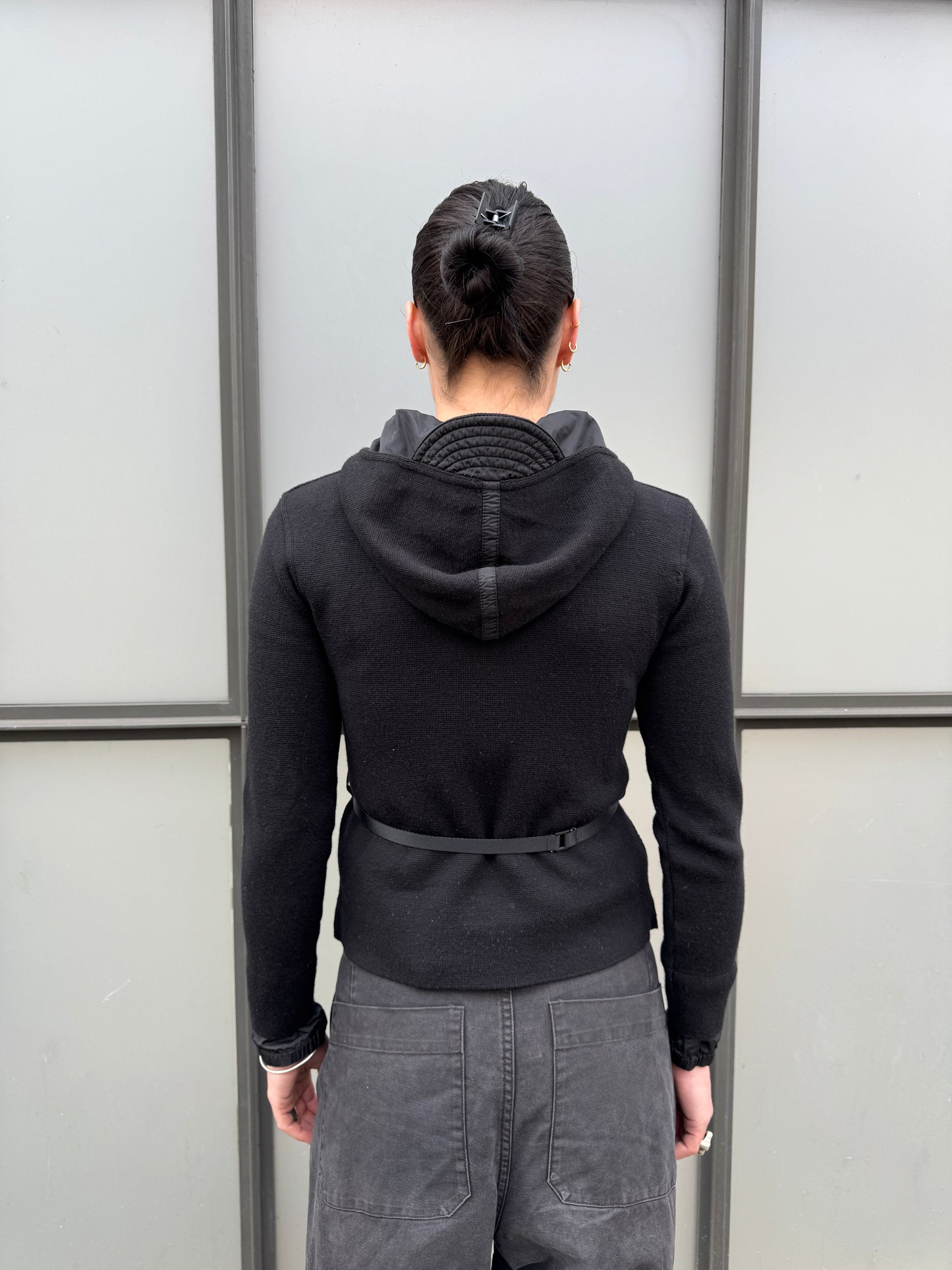 SS99' Prada Mainline Technical Knit Jet Black Zipped Hoodie