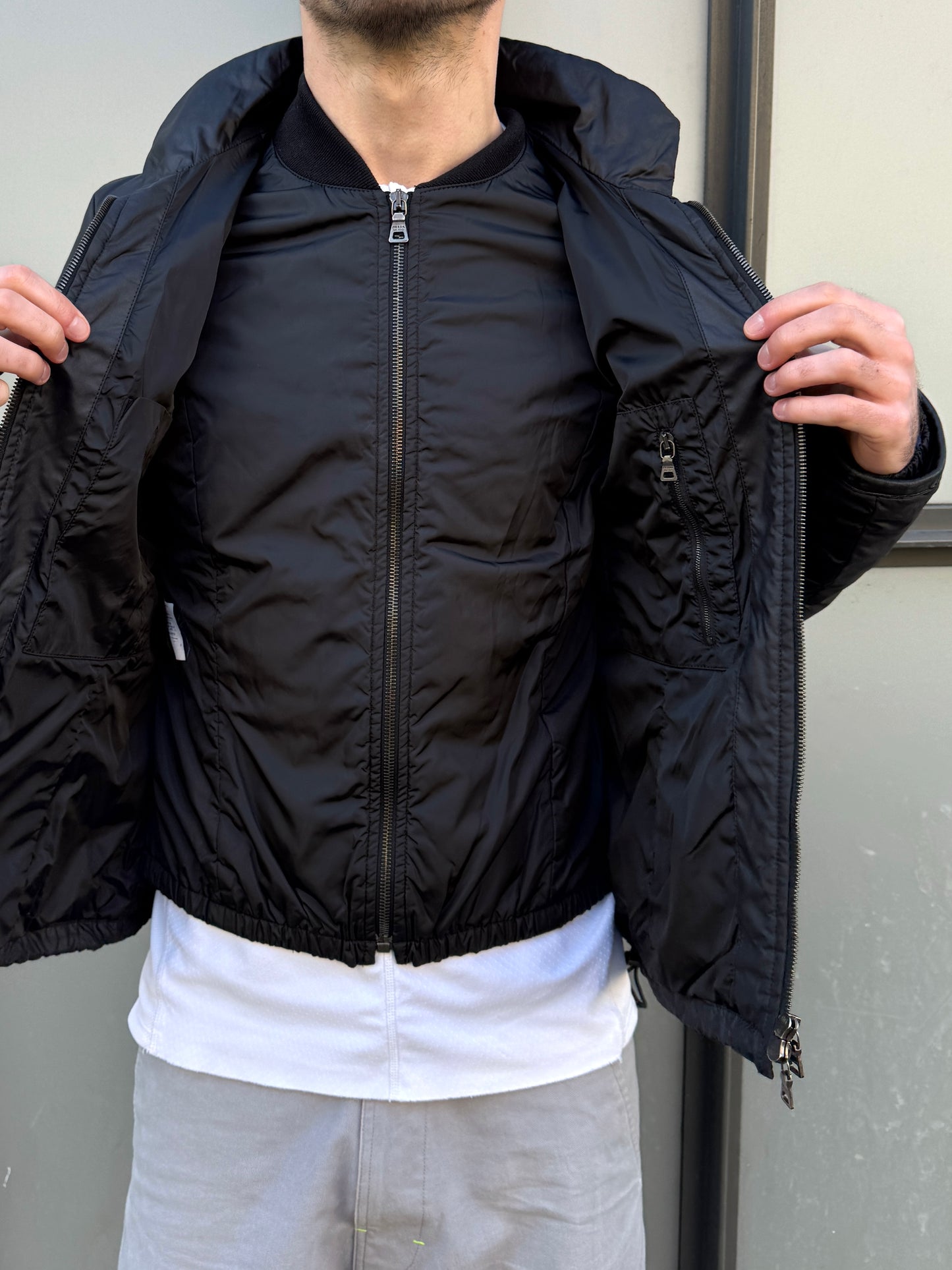 Early 2000’s Prada Main Line Nylon/Leather/Cord Double Layer Jet Black Jacket