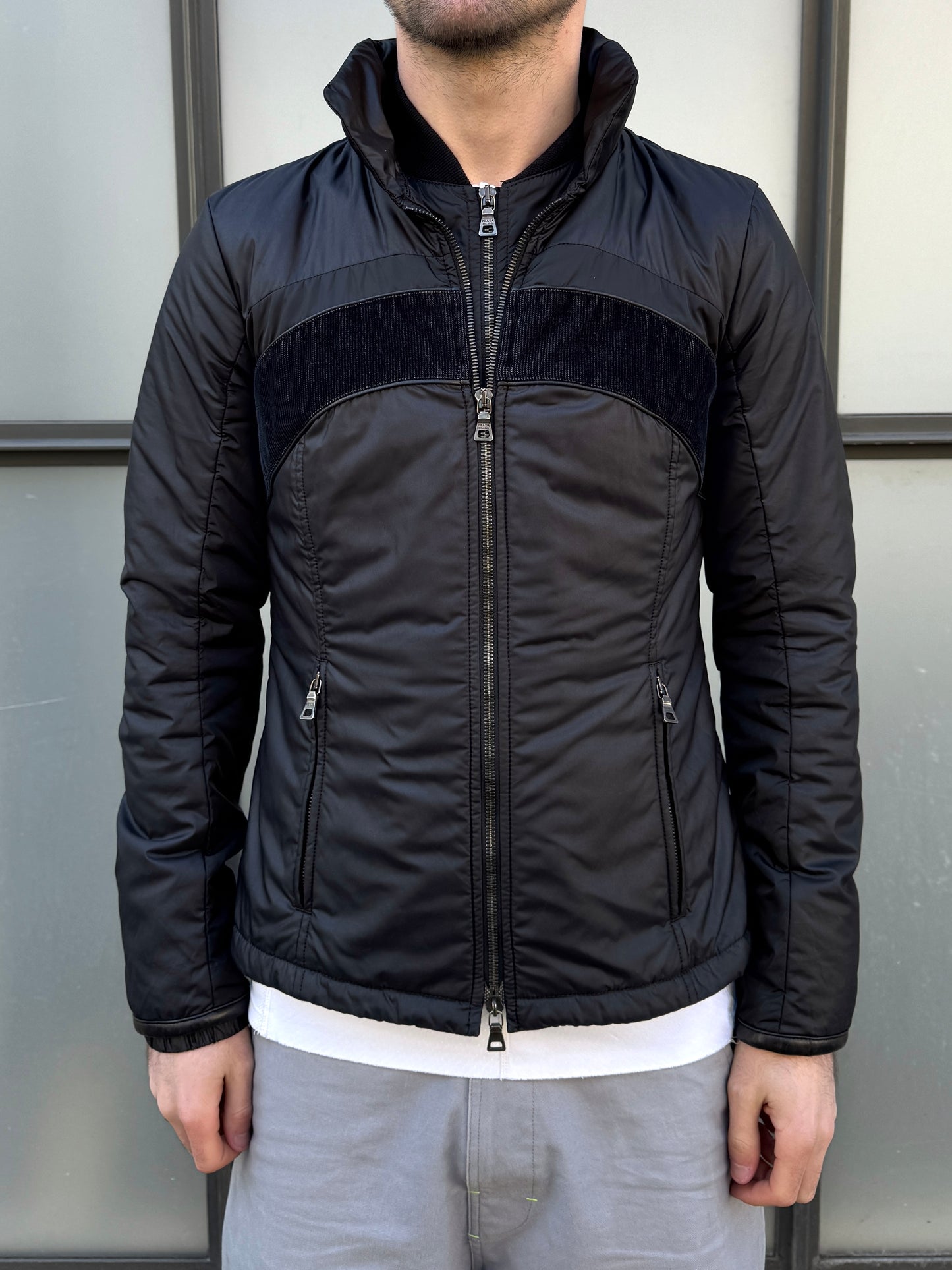 Early 2000’s Prada Main Line Nylon/Leather/Cord Double Layer Jet Black Jacket