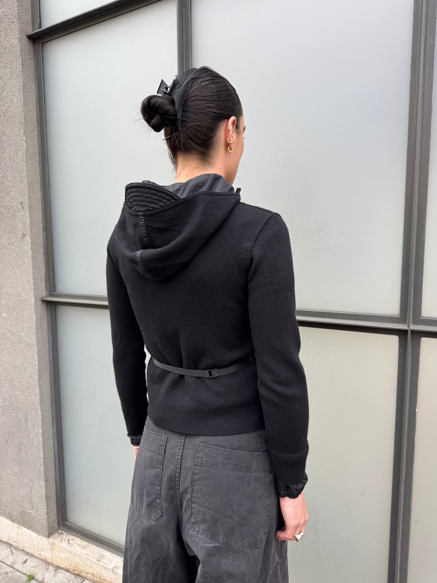 SS99' Prada Mainline Technical Knit Jet Black Zipped Hoodie