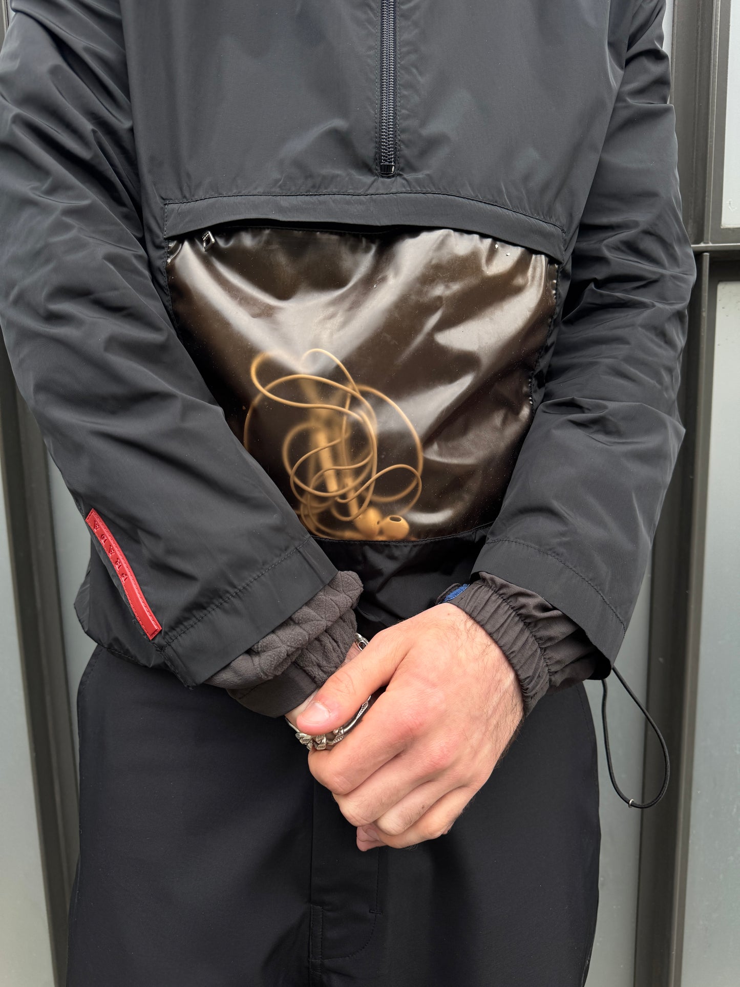SS00’ Prada Sport Jet Black Semi Transparent Pocket Waterproof Anorak
