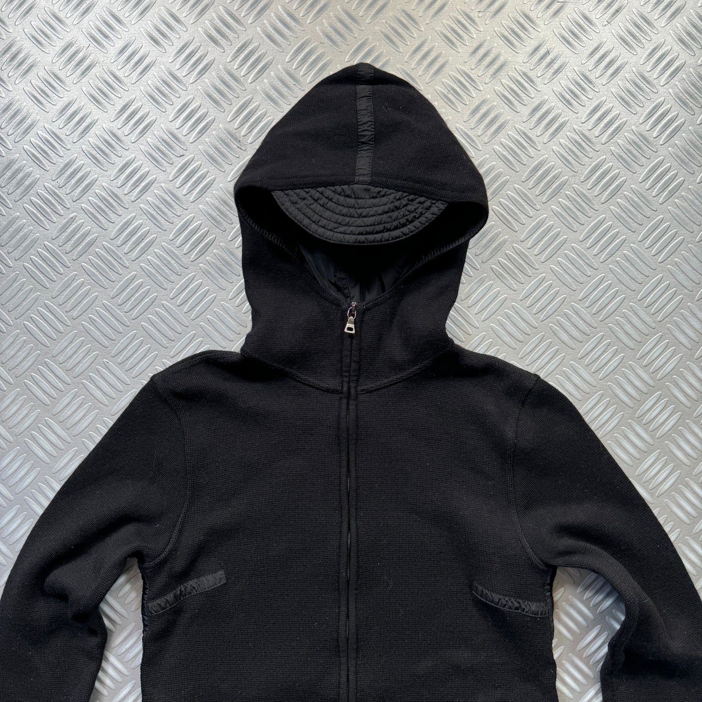 SS99' Prada Mainline Technical Knit Jet Black Zipped Hoodie