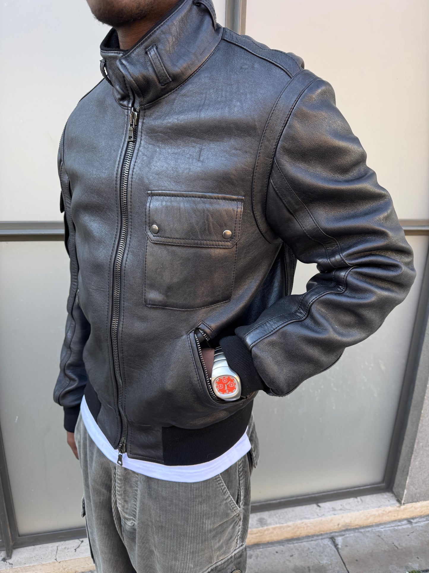 Early 2000’s Prada Jet Black Leather Flight Jacket