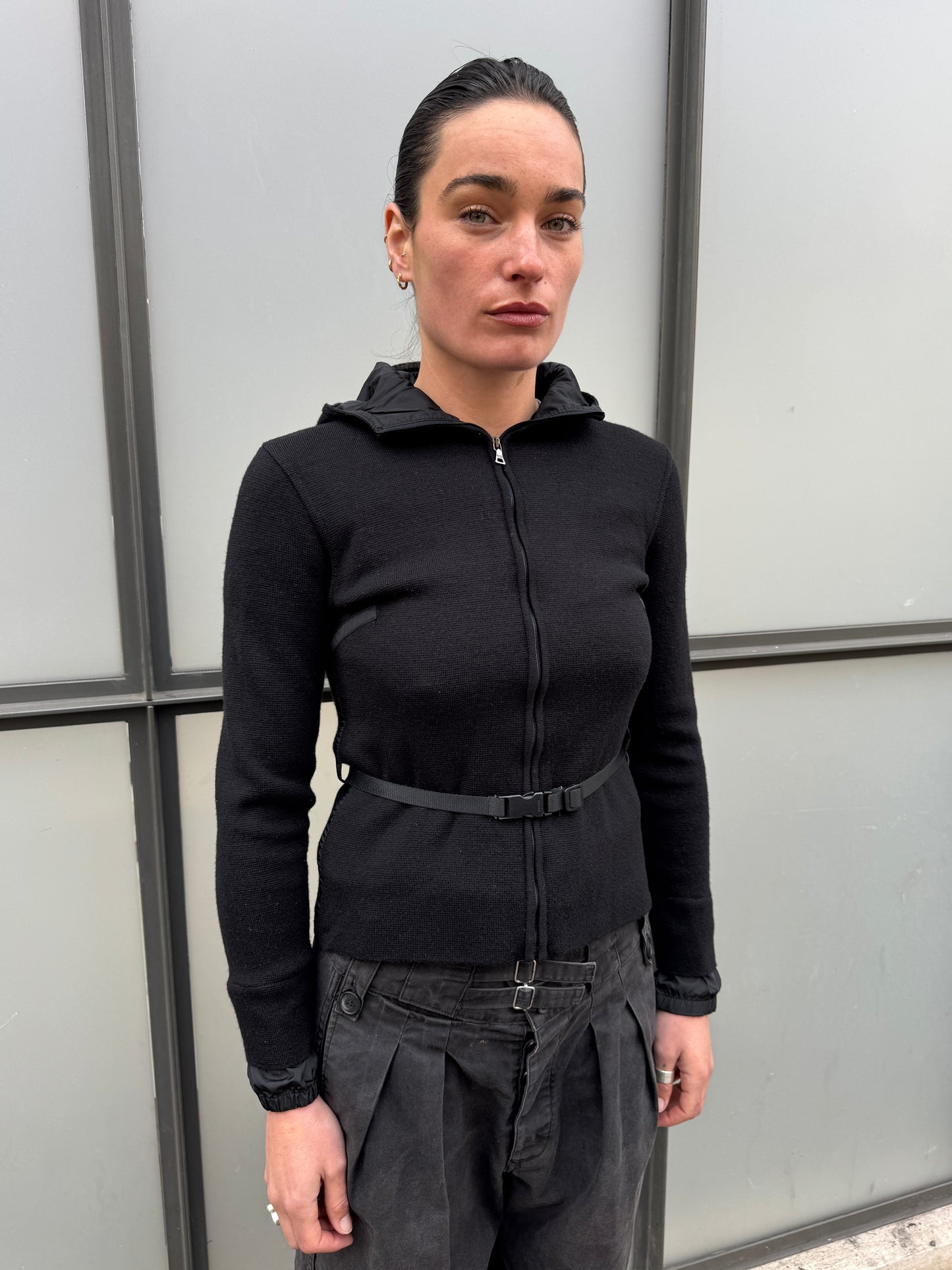 SS99' Prada Mainline Technical Knit Jet Black Zipped Hoodie