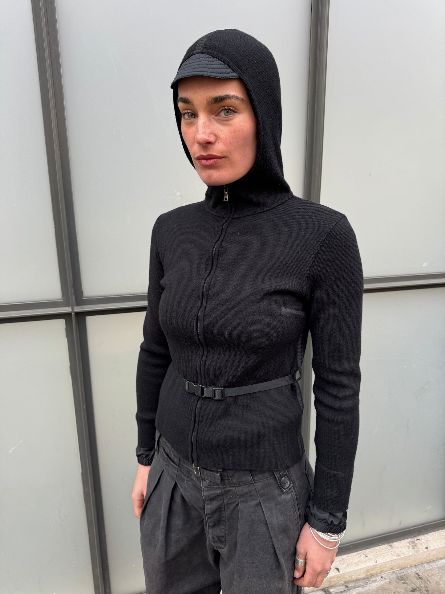 SS99' Prada Mainline Technical Knit Jet Black Zipped Hoodie