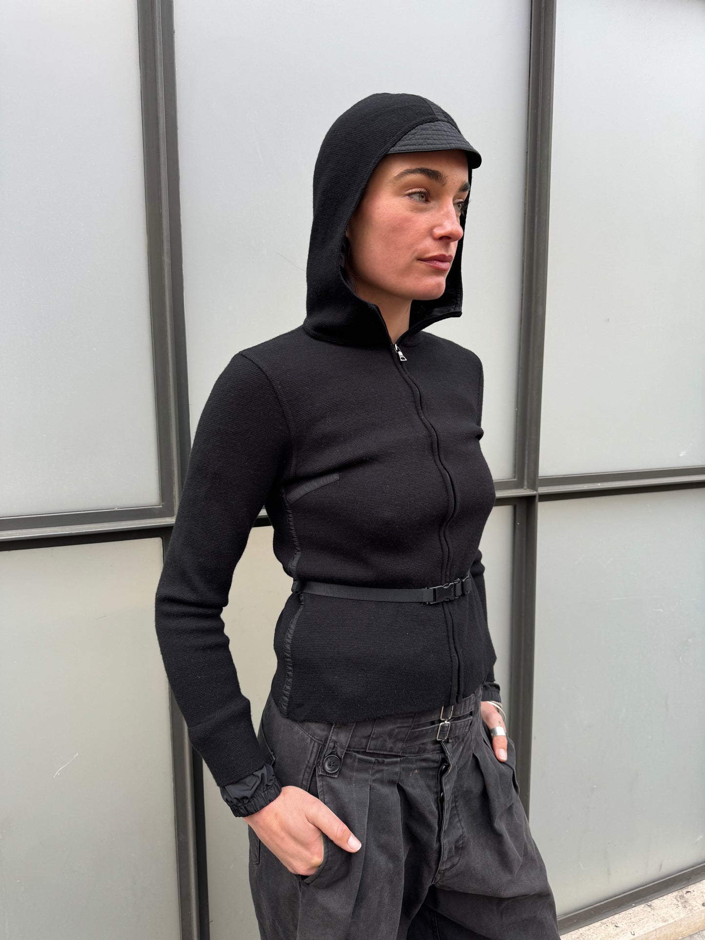 SS99' Prada Mainline Technical Knit Jet Black Zipped Hoodie