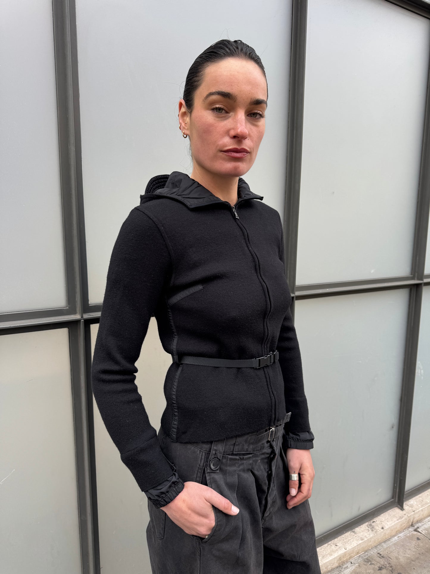 SS99' Prada Mainline Technical Knit Jet Black Zipped Hoodie