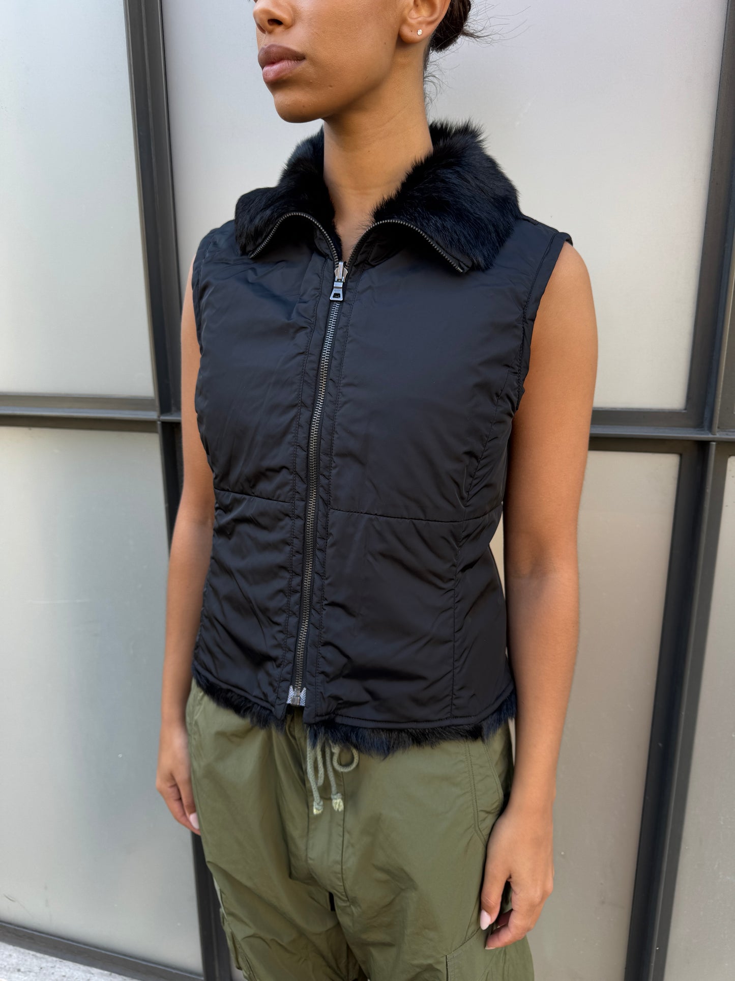Early 2000’s Prada Sport 2in1 Jet Black Goat Fur Lined Jacket/Vest