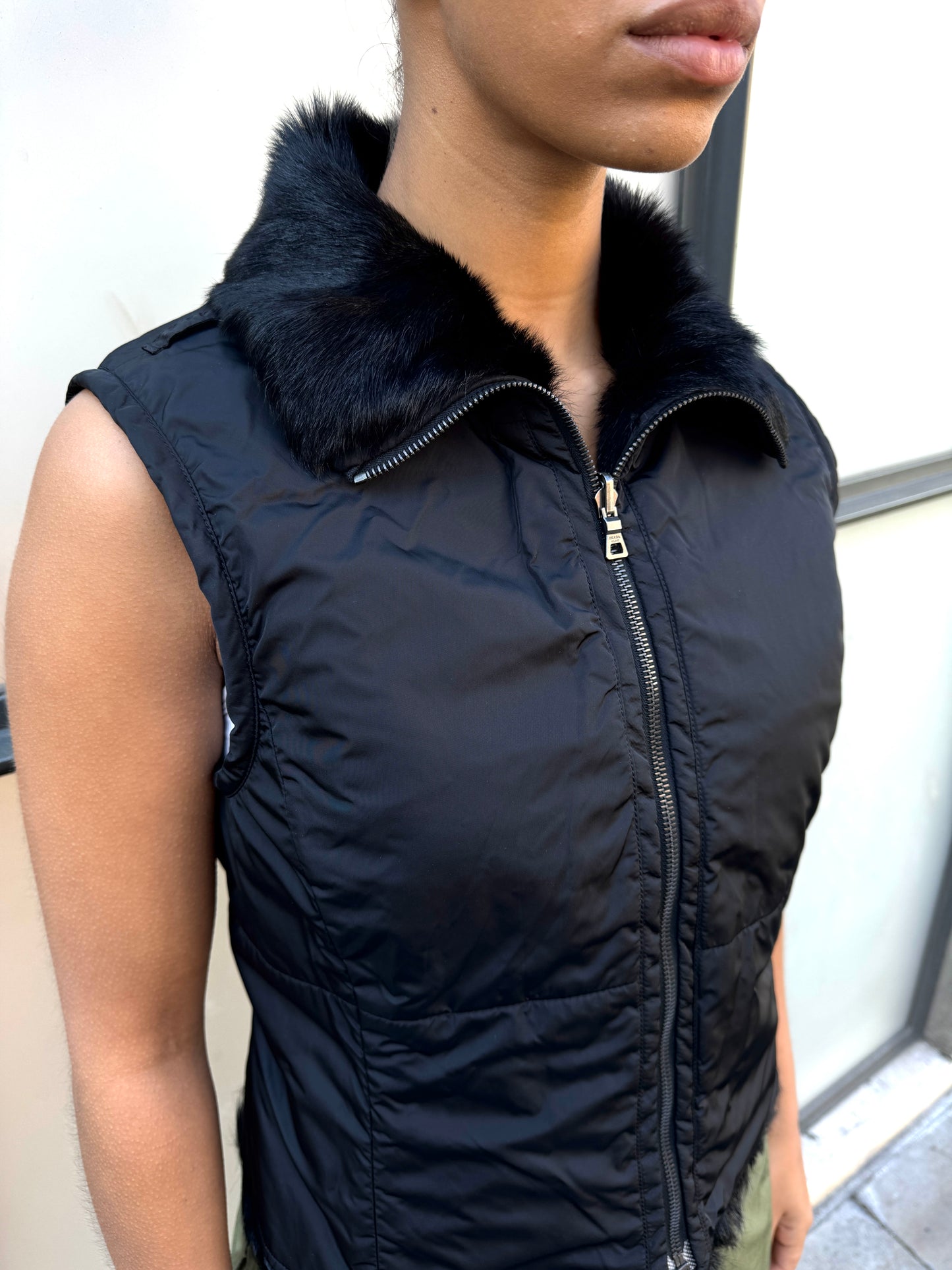 Early 2000’s Prada Sport 2in1 Jet Black Goat Fur Lined Jacket/Vest