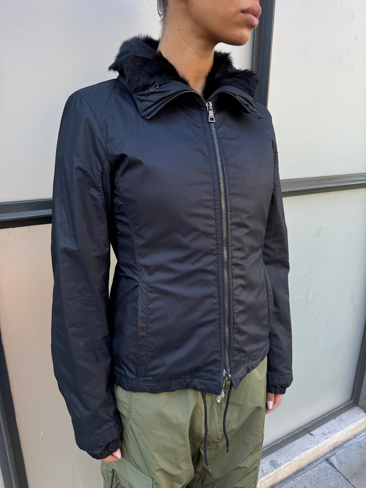 Early 2000’s Prada Sport 2in1 Jet Black Goat Fur Lined Jacket/Vest