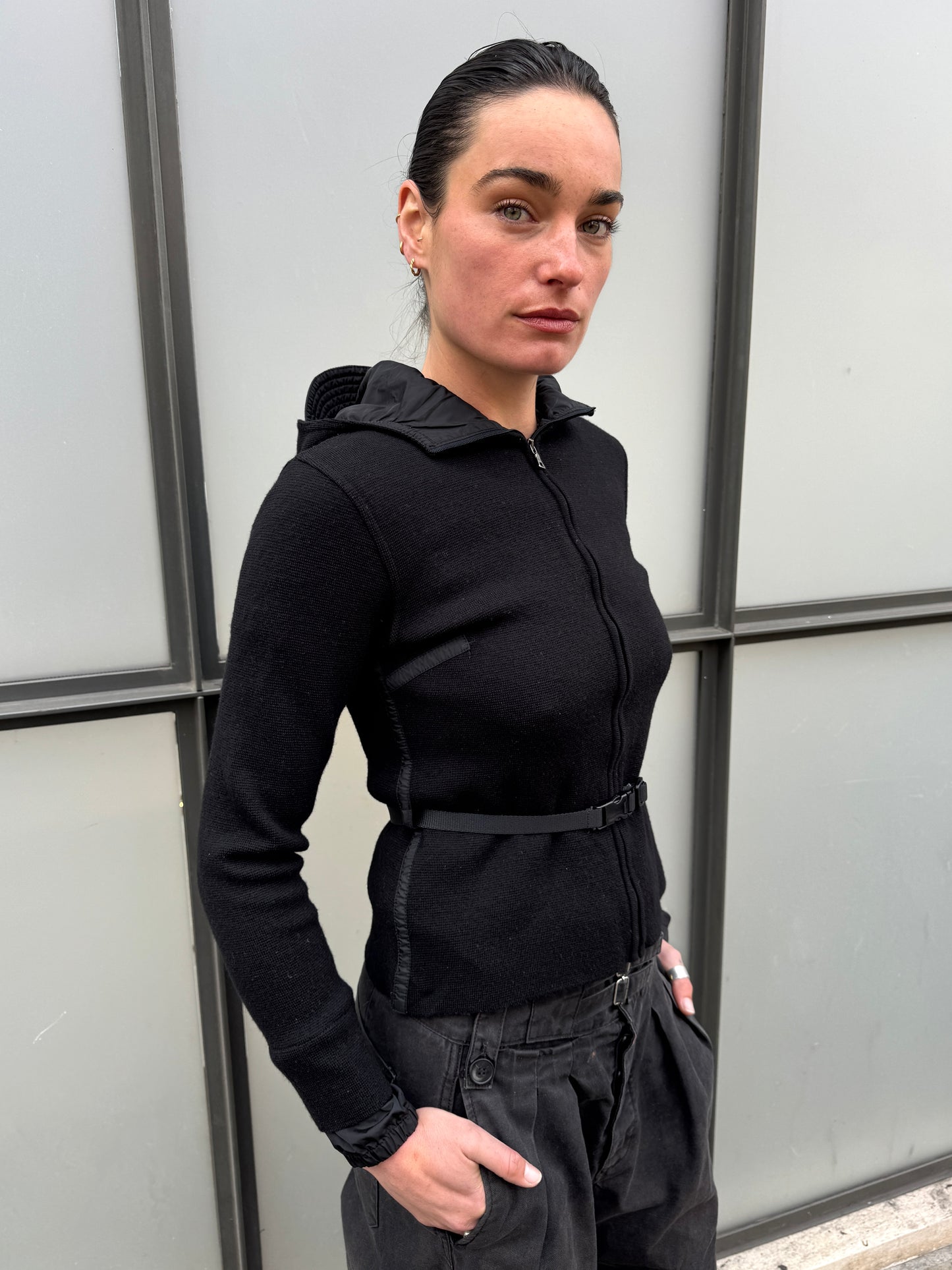 SS99' Prada Mainline Technical Knit Jet Black Zipped Hoodie