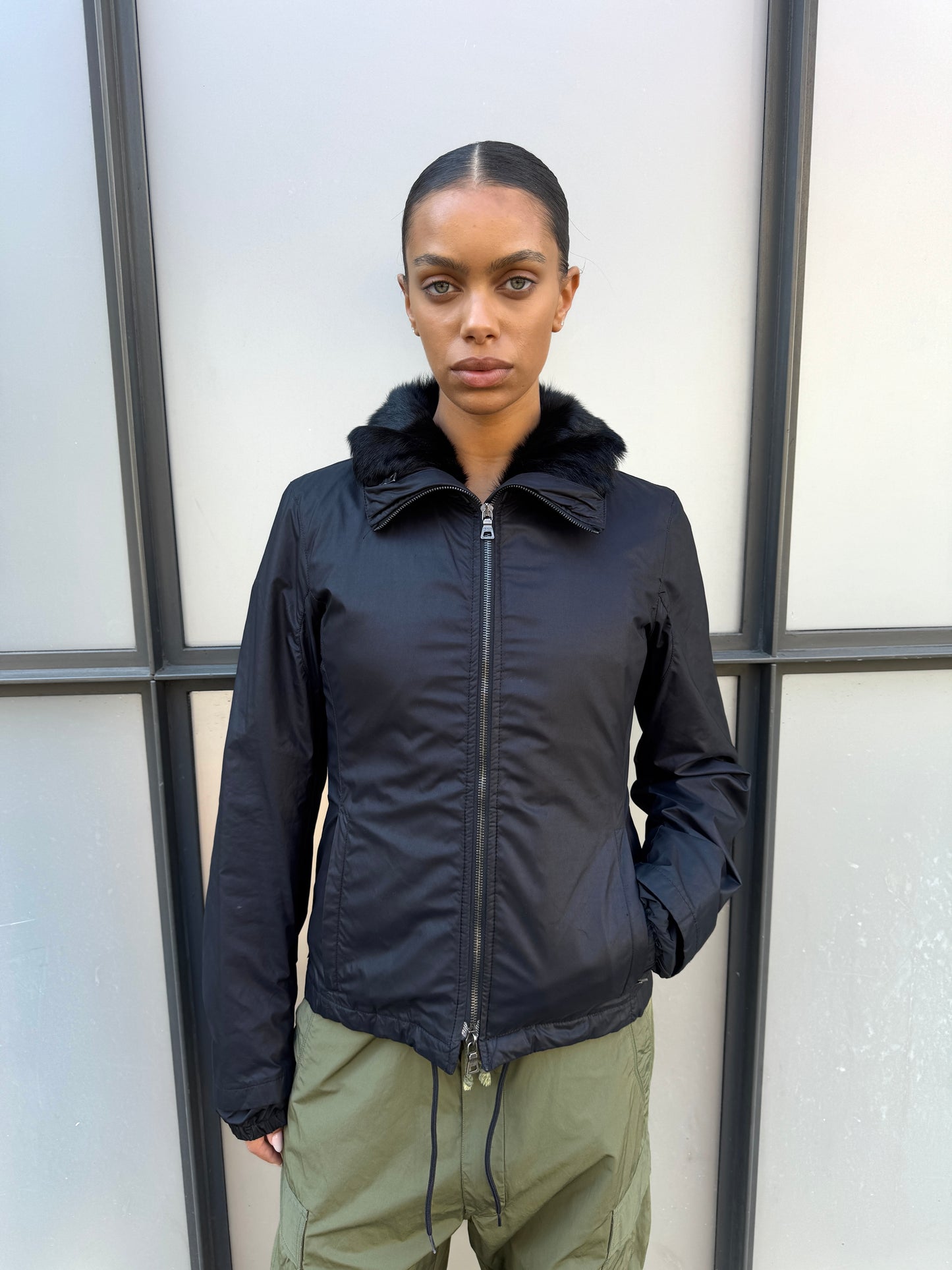 Early 2000’s Prada Sport 2in1 Jet Black Goat Fur Lined Jacket/Vest