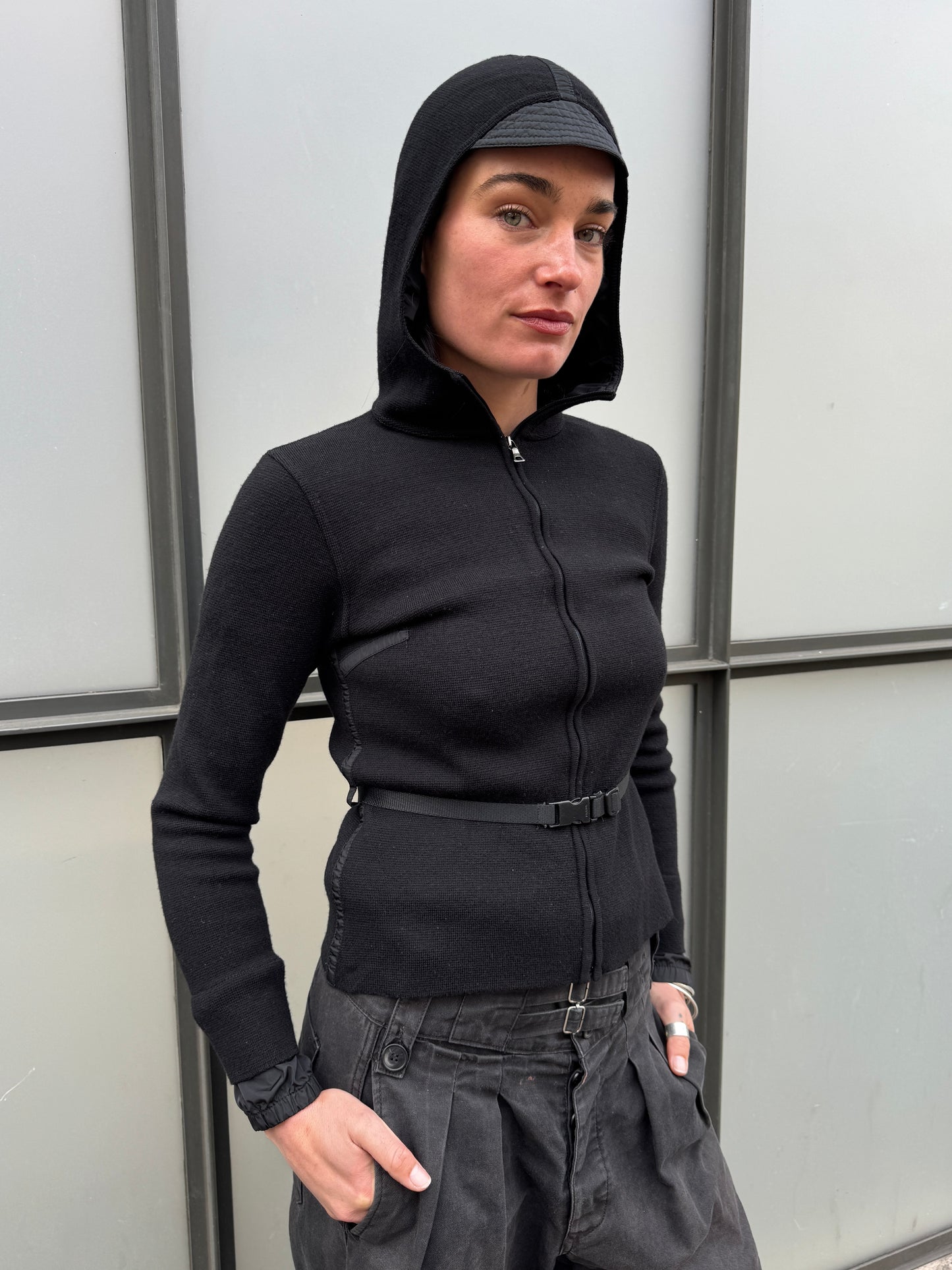 SS99' Prada Mainline Technical Knit Jet Black Zipped Hoodie
