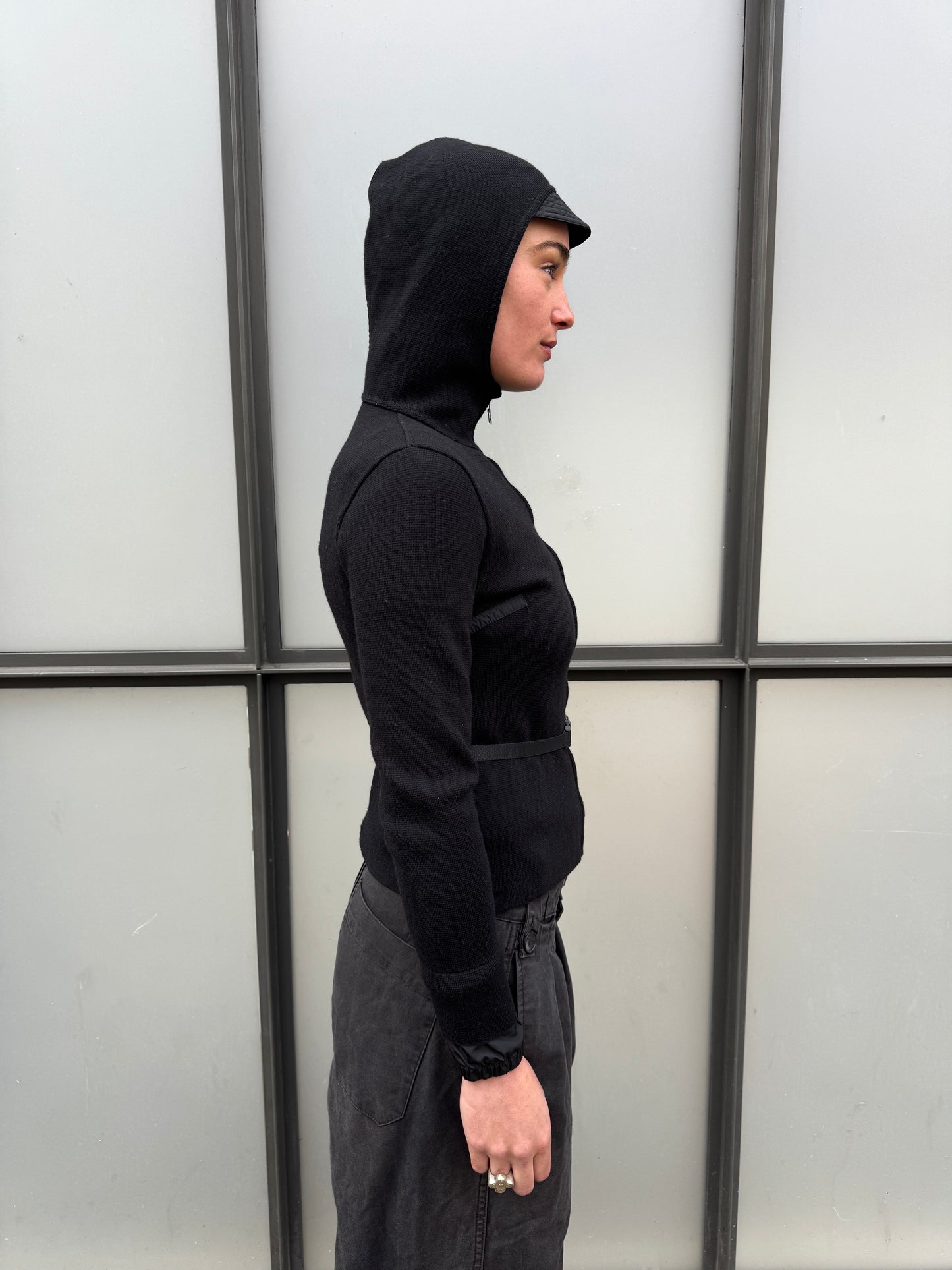 SS99' Prada Mainline Technical Knit Jet Black Zipped Hoodie