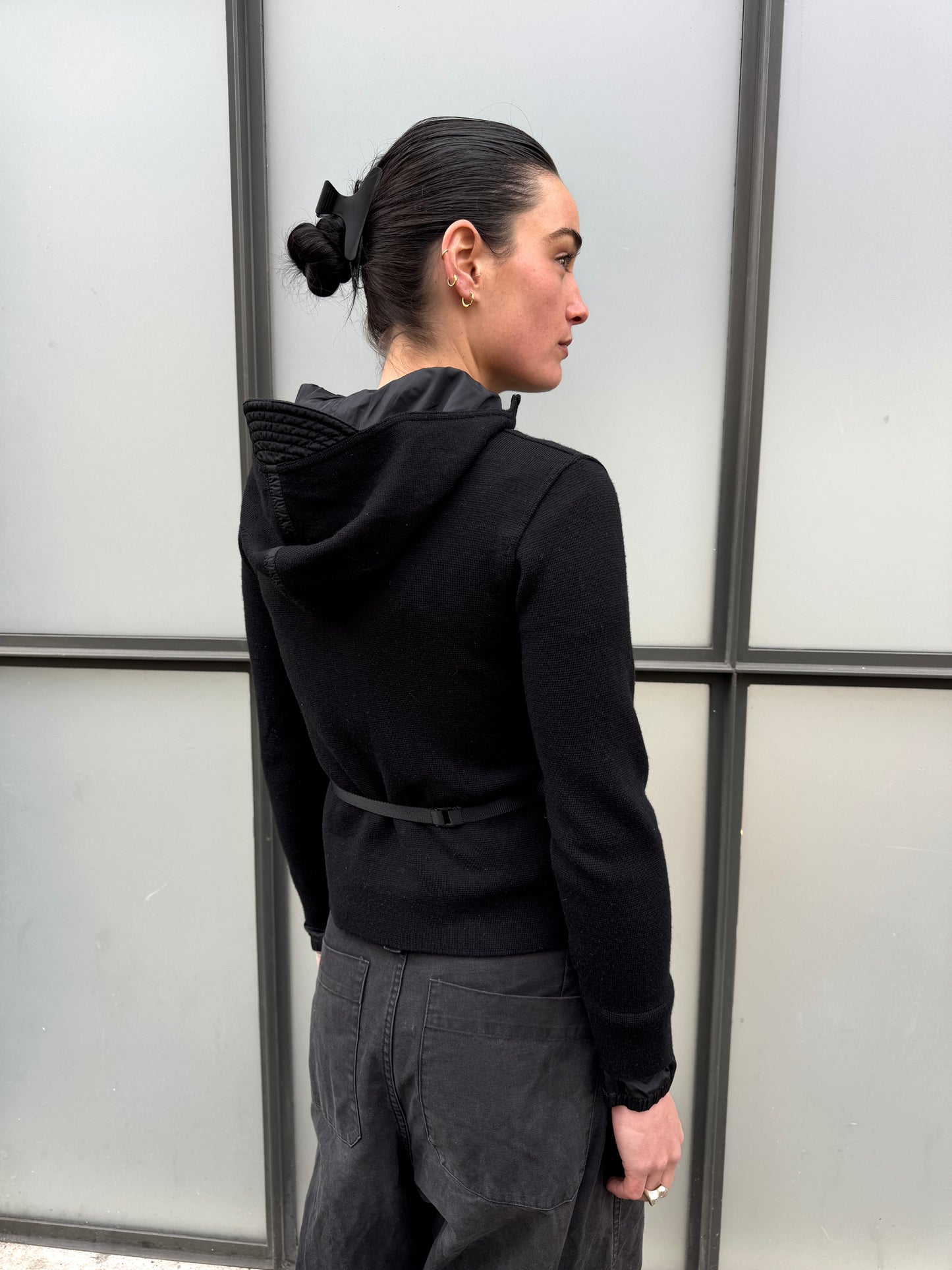 SS99' Prada Mainline Technical Knit Jet Black Zipped Hoodie