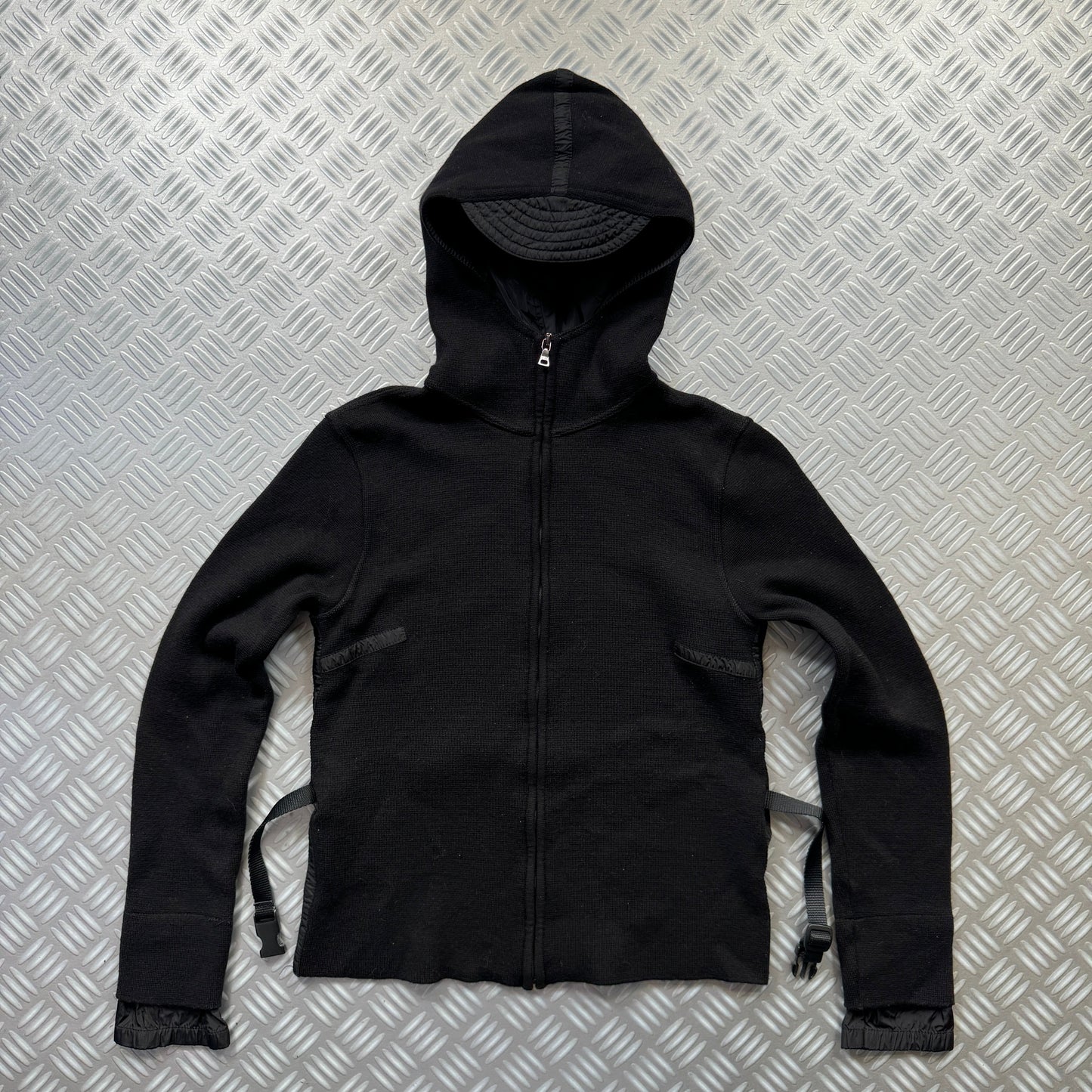 SS99' Prada Mainline Technical Knit Jet Black Zipped Hoodie