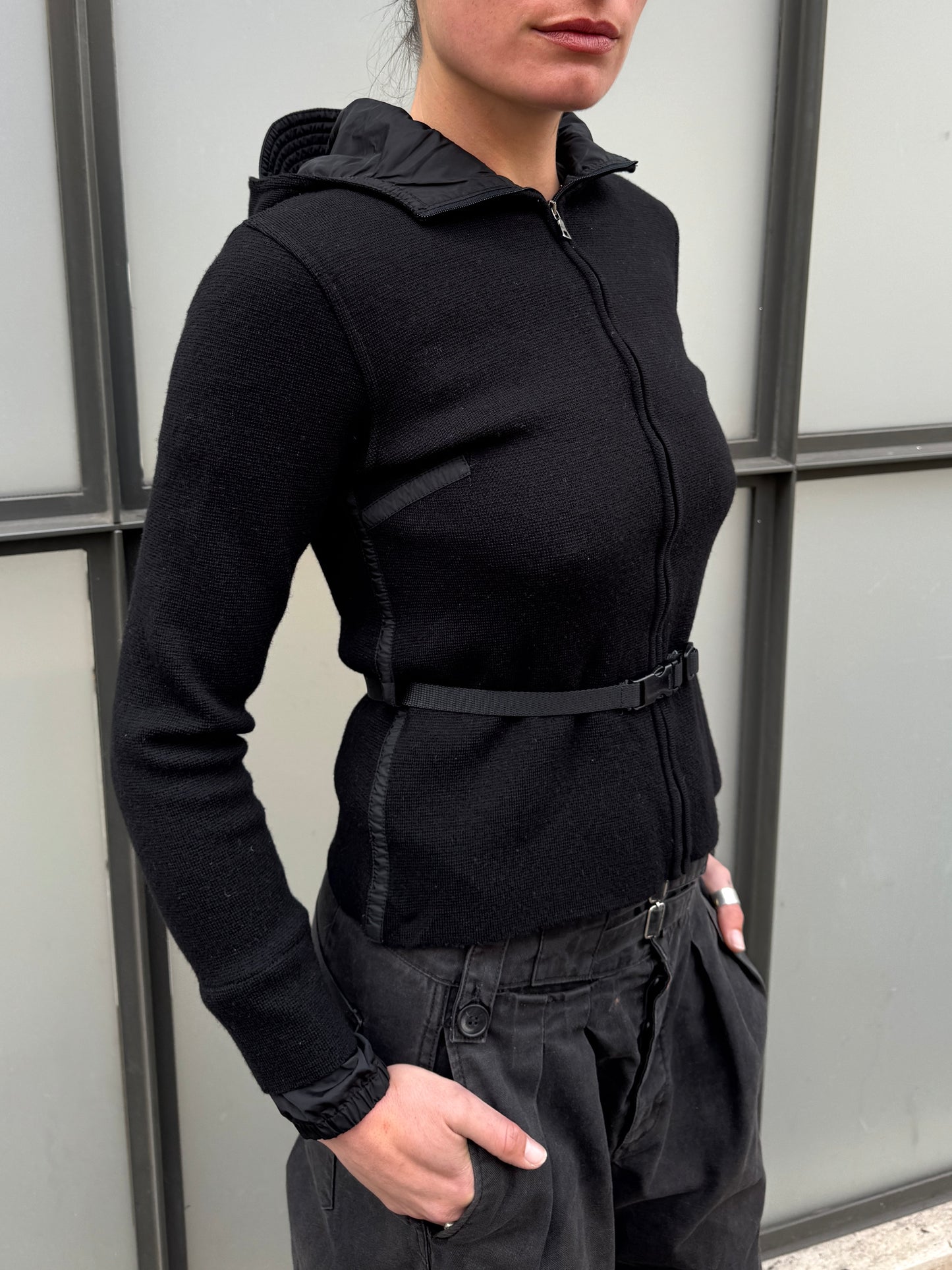 SS99' Prada Mainline Technical Knit Jet Black Zipped Hoodie