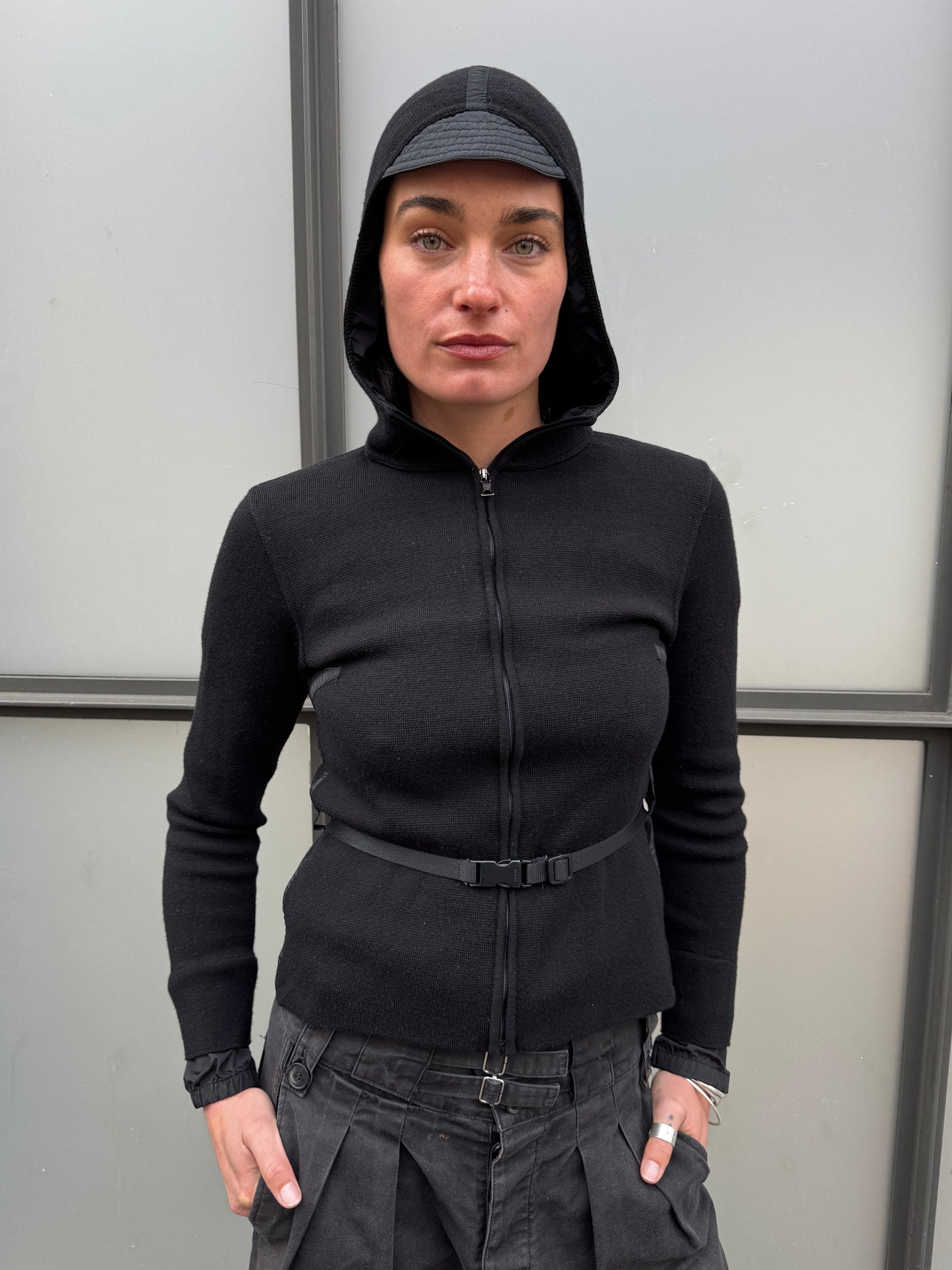 SS99' Prada Mainline Technical Knit Jet Black Zipped Hoodie