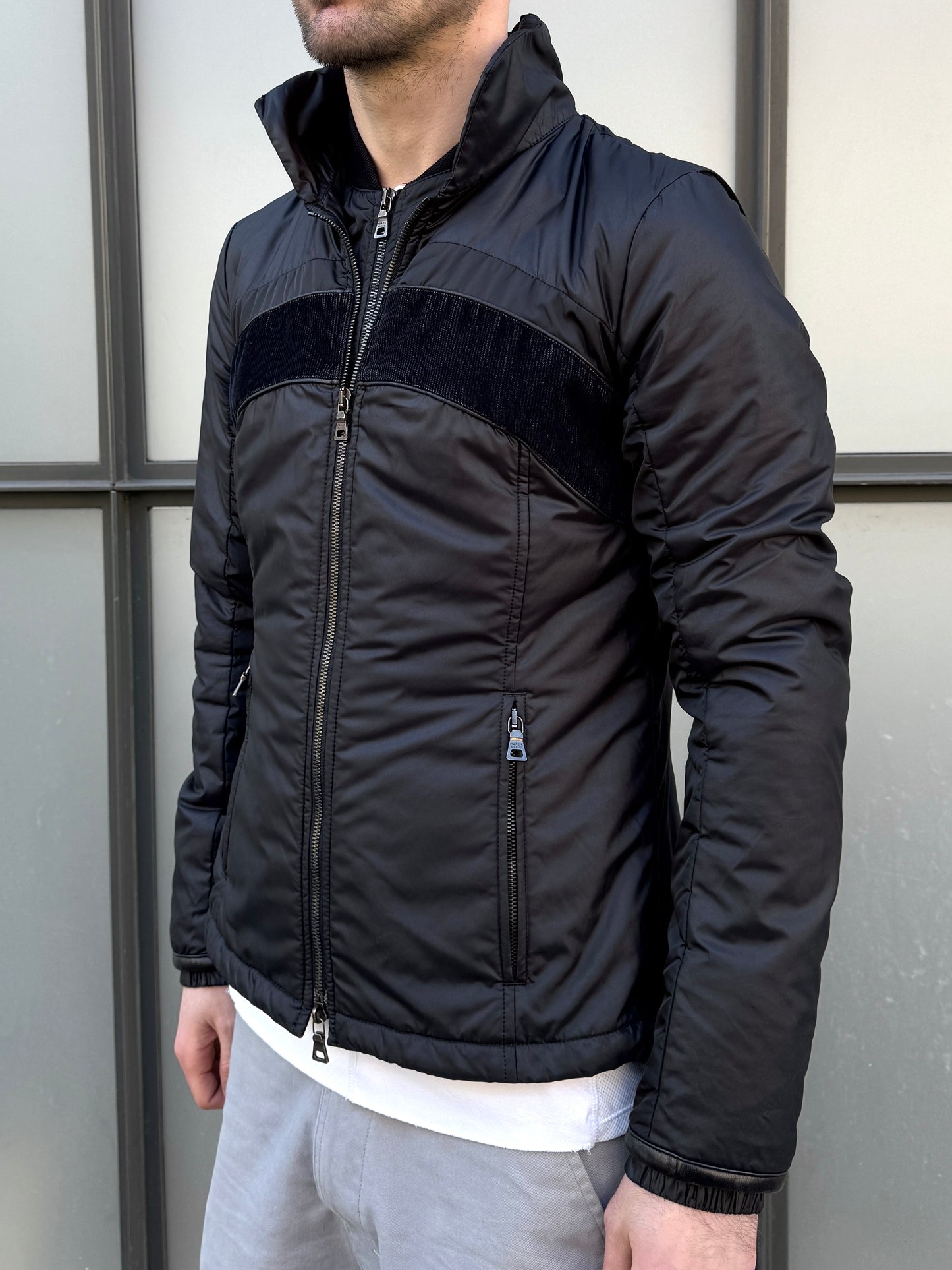 Early 2000’s Prada Main Line Nylon/Leather/Cord Double Layer Jet Black Jacket