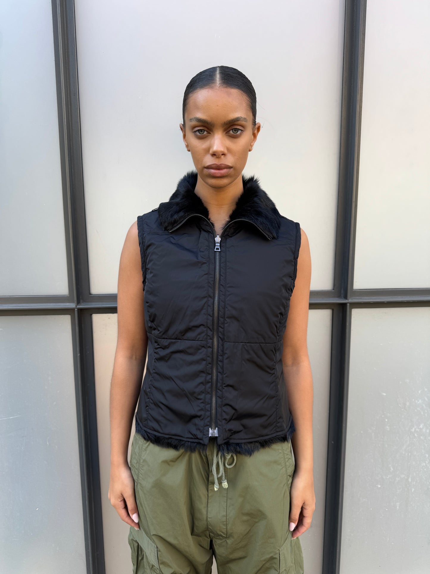 Early 2000’s Prada Sport 2in1 Jet Black Goat Fur Lined Jacket/Vest