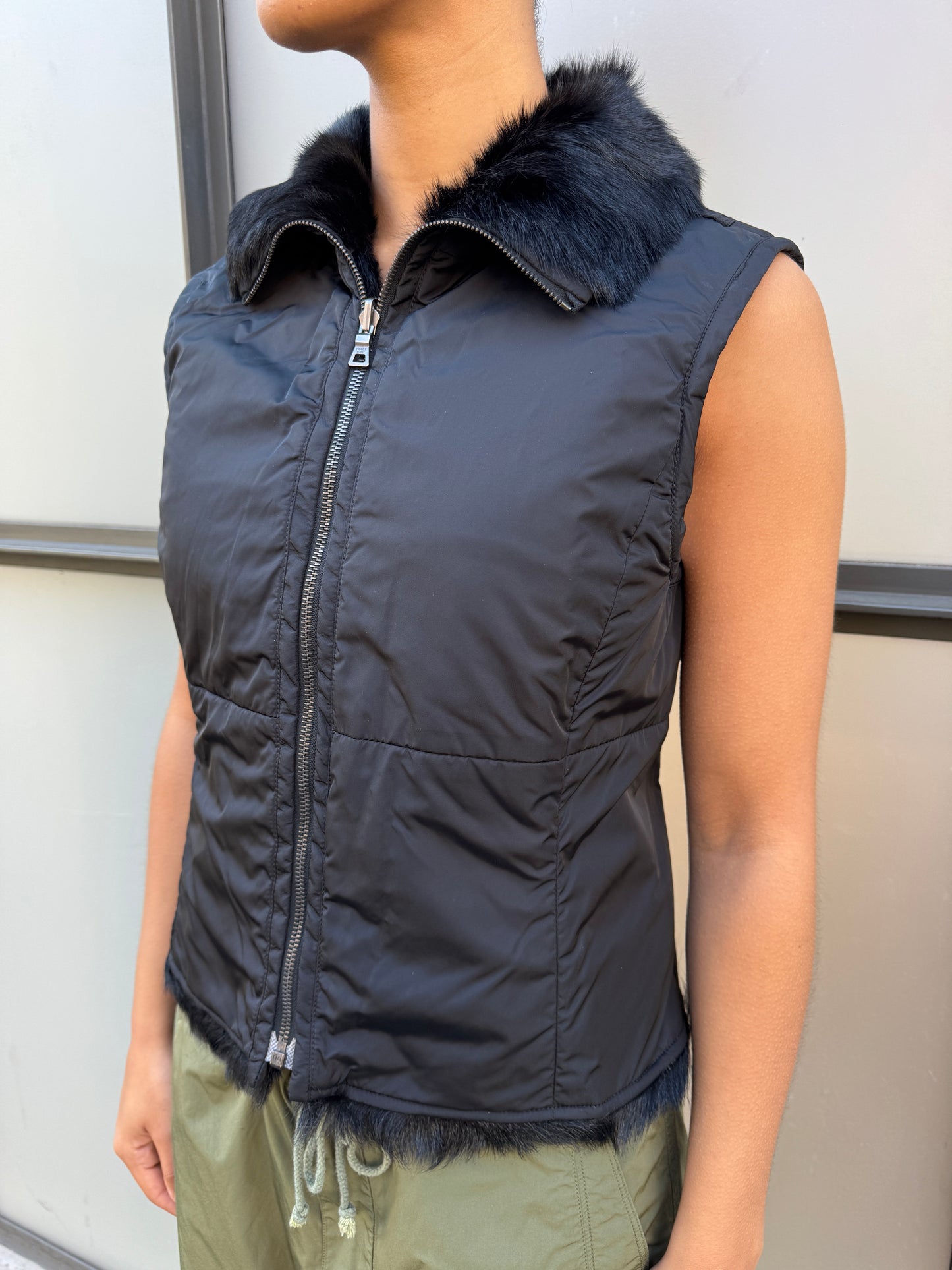 Early 2000’s Prada Sport 2in1 Jet Black Goat Fur Lined Jacket/Vest