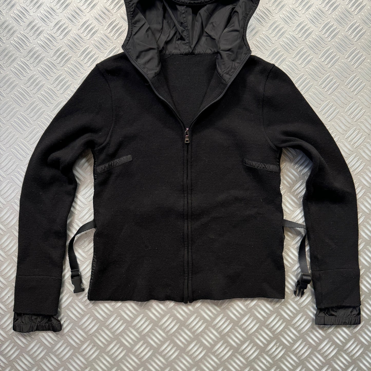 SS99' Prada Mainline Technical Knit Jet Black Zipped Hoodie