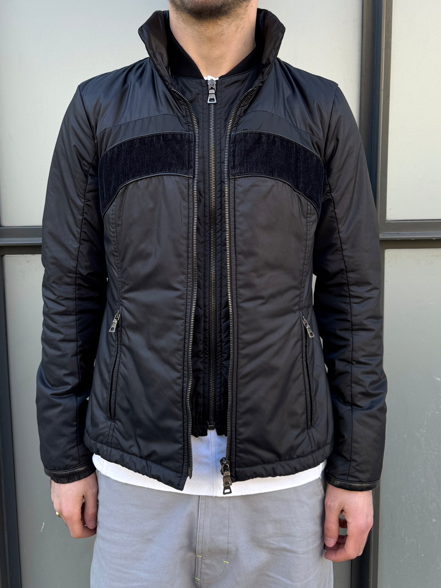 Early 2000’s Prada Main Line Nylon/Leather/Cord Double Layer Jet Black Jacket
