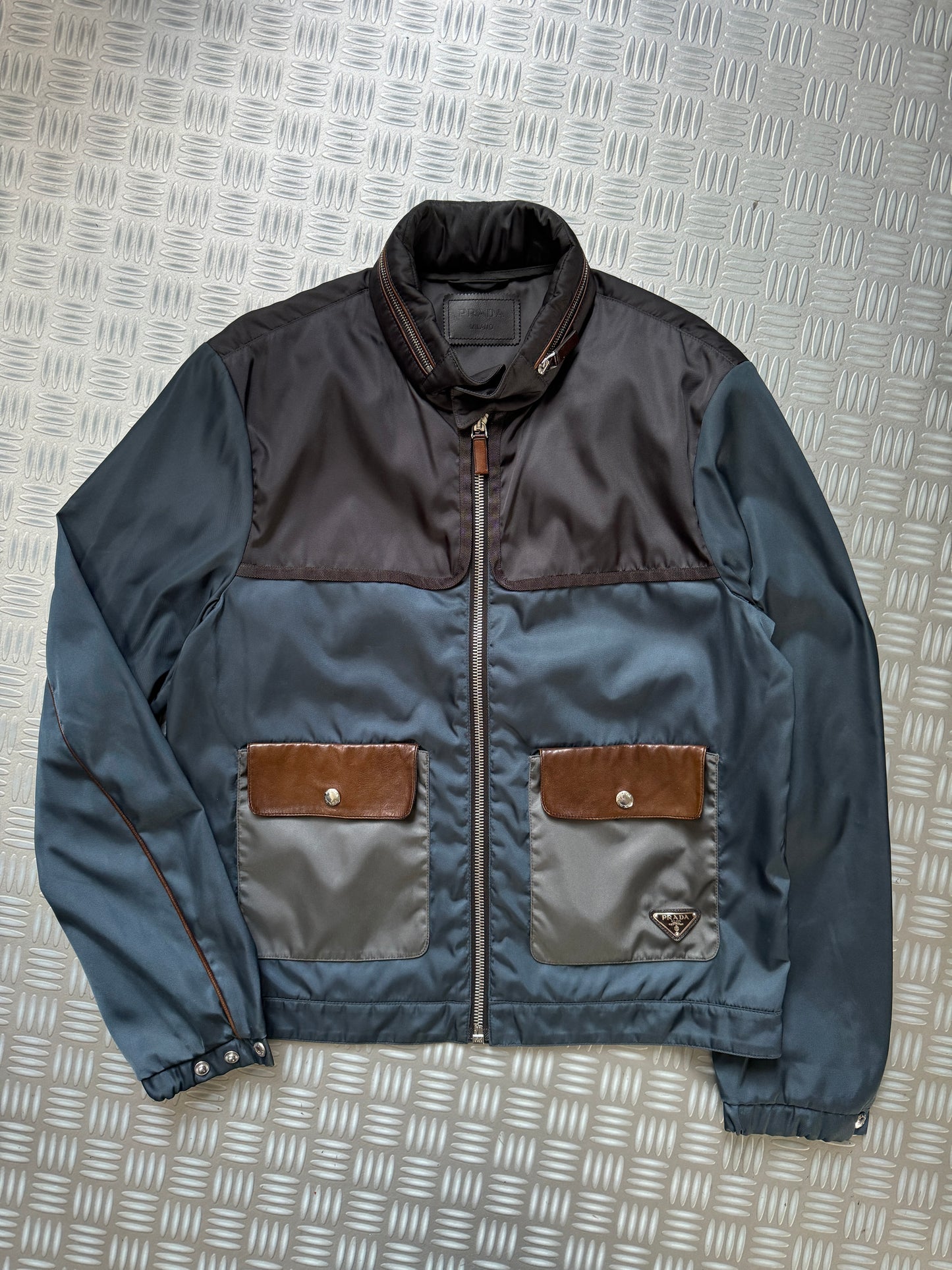Prada Milano Main Line Concealed Hood Nylon Jacket w/Front Leather Pocket Flaps