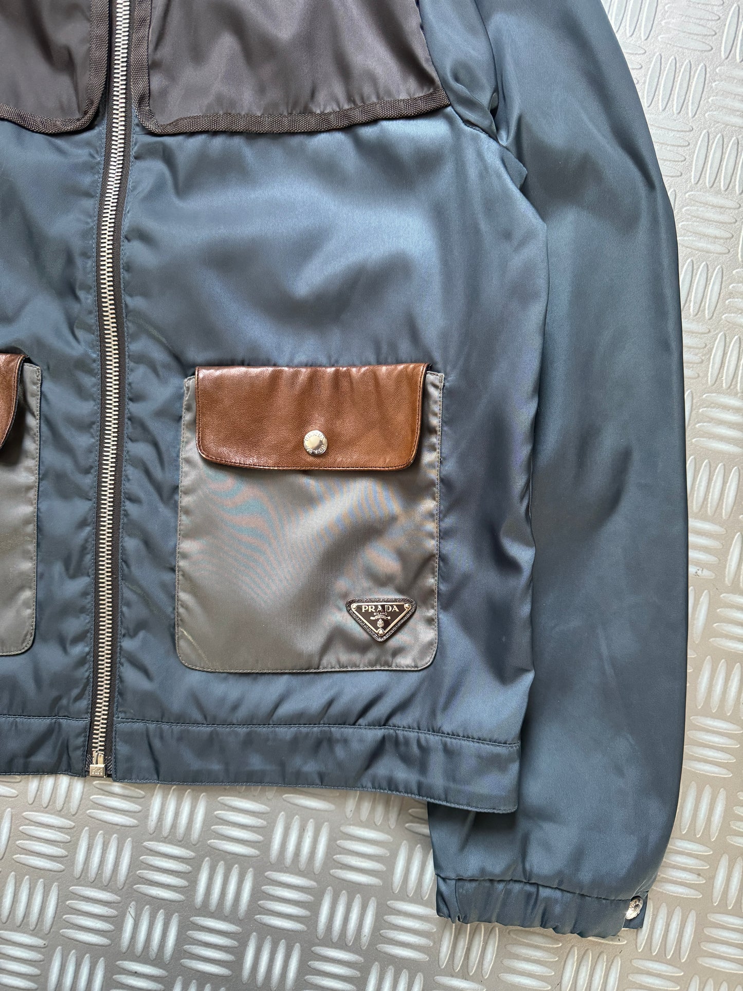 Prada Milano Main Line Concealed Hood Nylon Jacket w/Front Leather Pocket Flaps