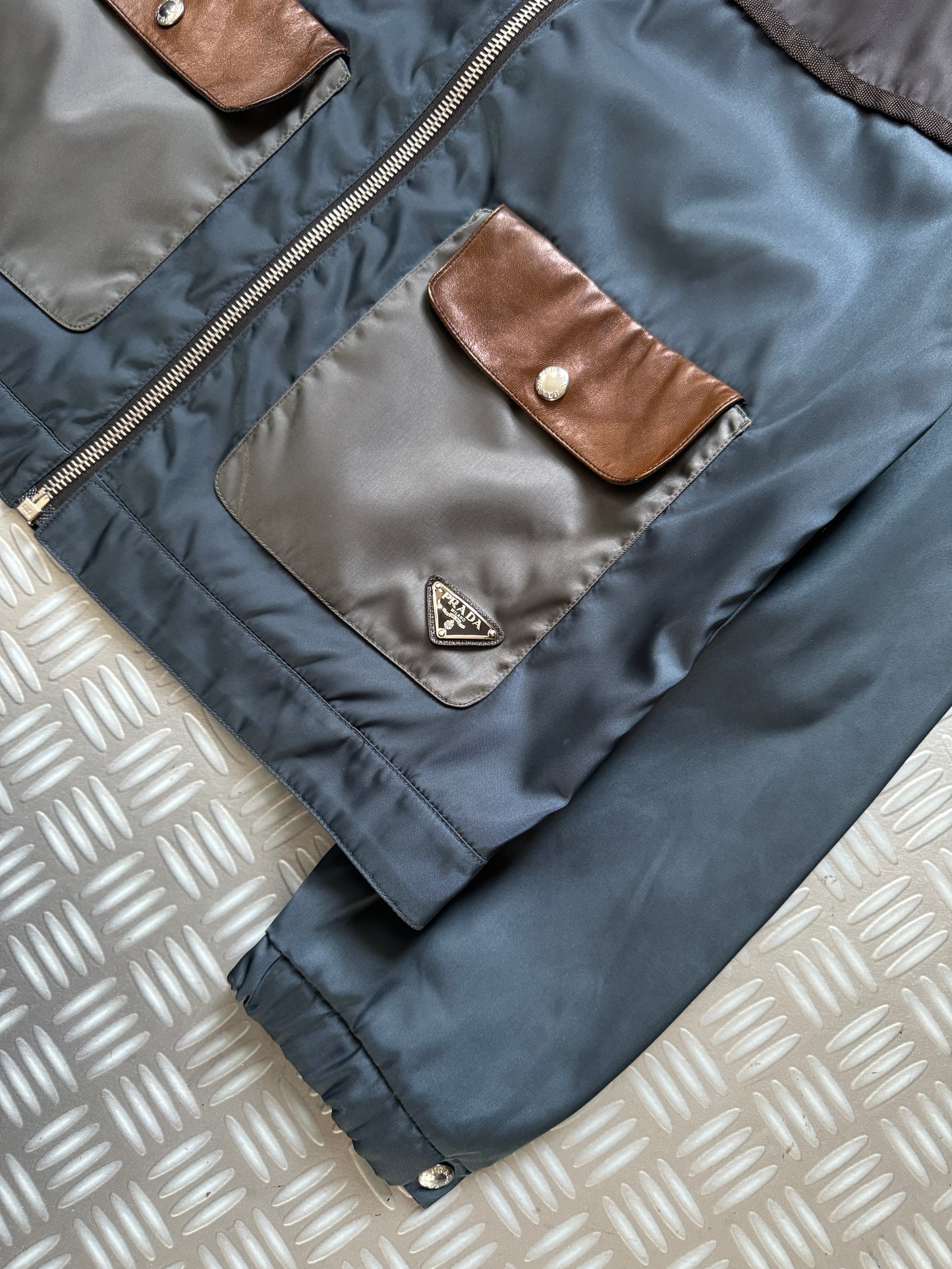 Prada Milano Main Line Concealed Hood Nylon Jacket w/Front Leather Pocket Flaps