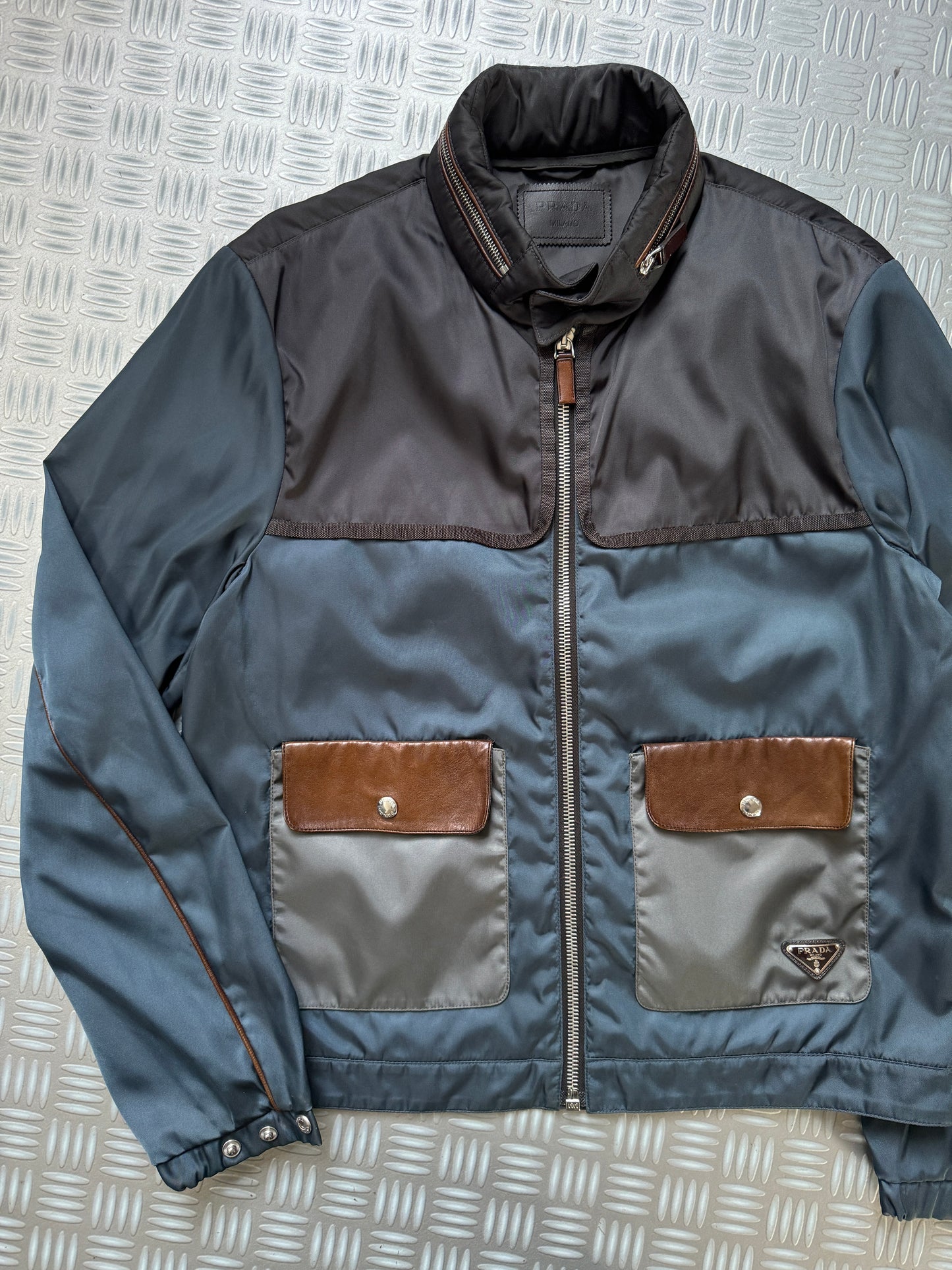 Prada Milano Main Line Concealed Hood Nylon Jacket w/Front Leather Pocket Flaps