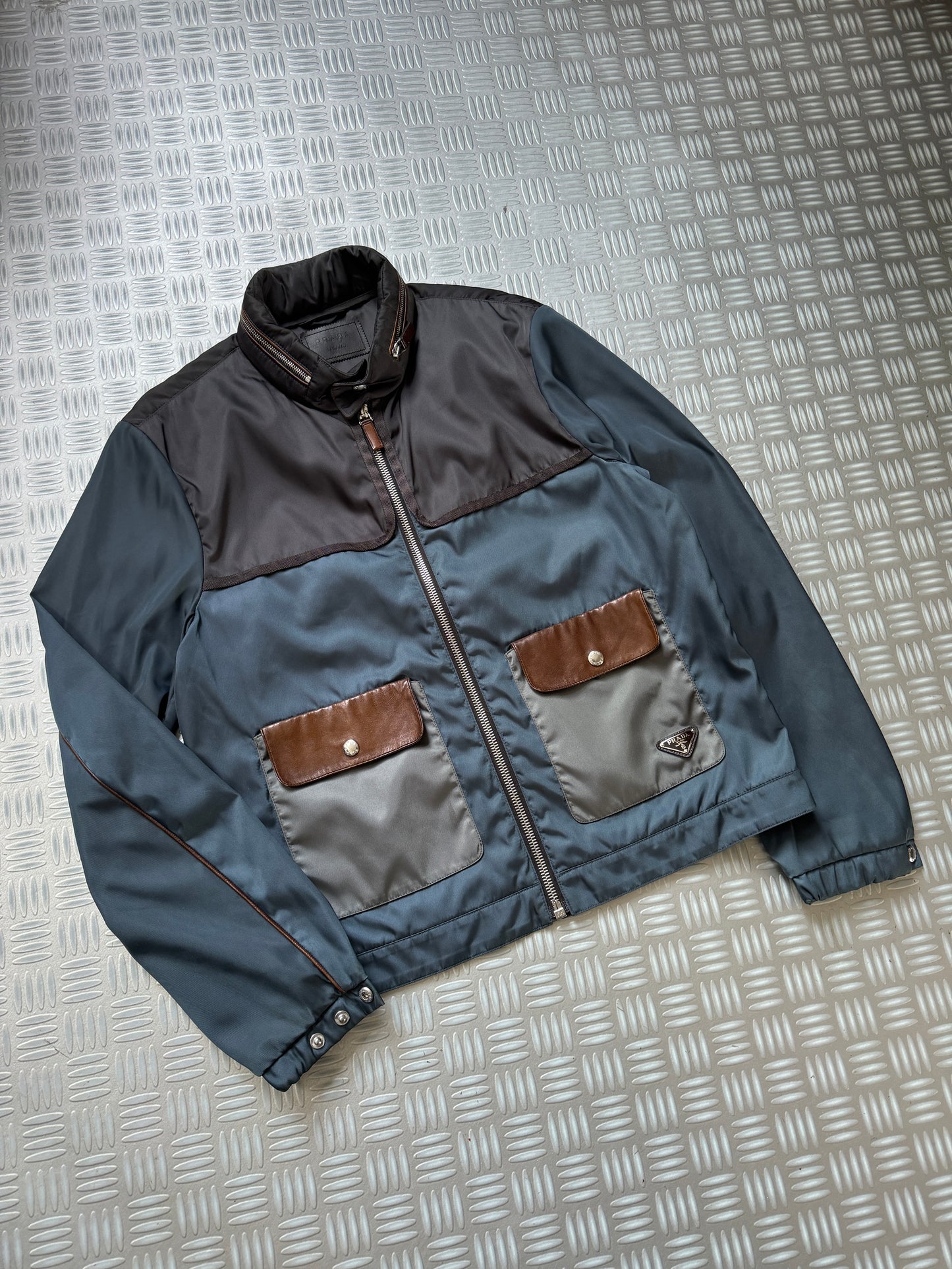 Prada Milano Main Line Concealed Hood Nylon Jacket w/Front Leather Pocket Flaps