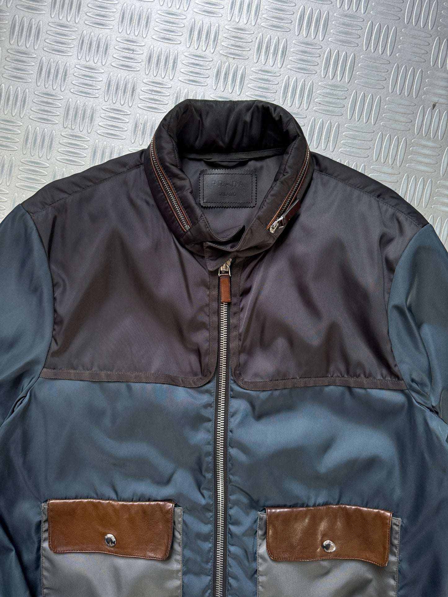 Prada Milano Main Line Concealed Hood Nylon Jacket w/Front Leather Pocket Flaps