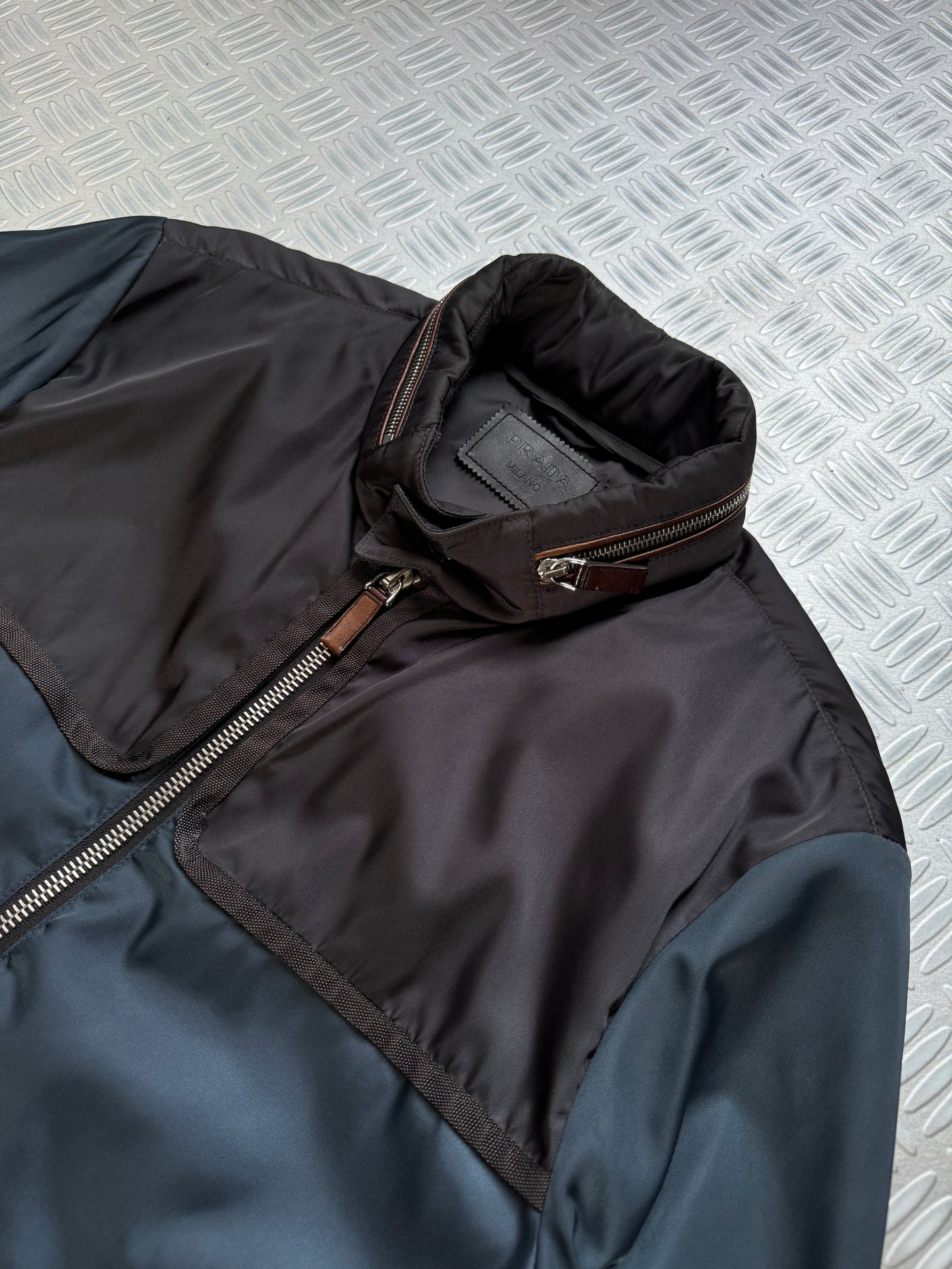 Prada Milano Main Line Concealed Hood Nylon Jacket w/Front Leather Pocket Flaps