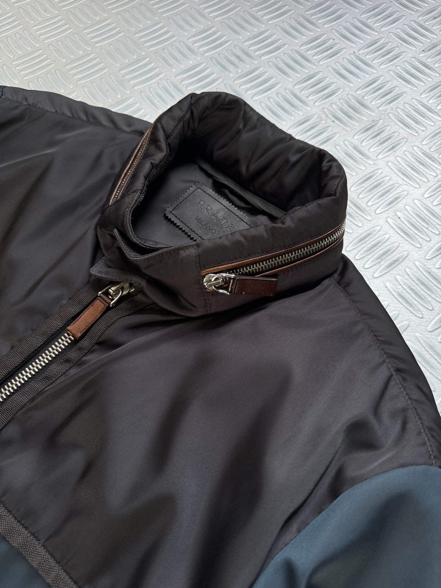 Prada Milano Main Line Concealed Hood Nylon Jacket w/Front Leather Pocket Flaps