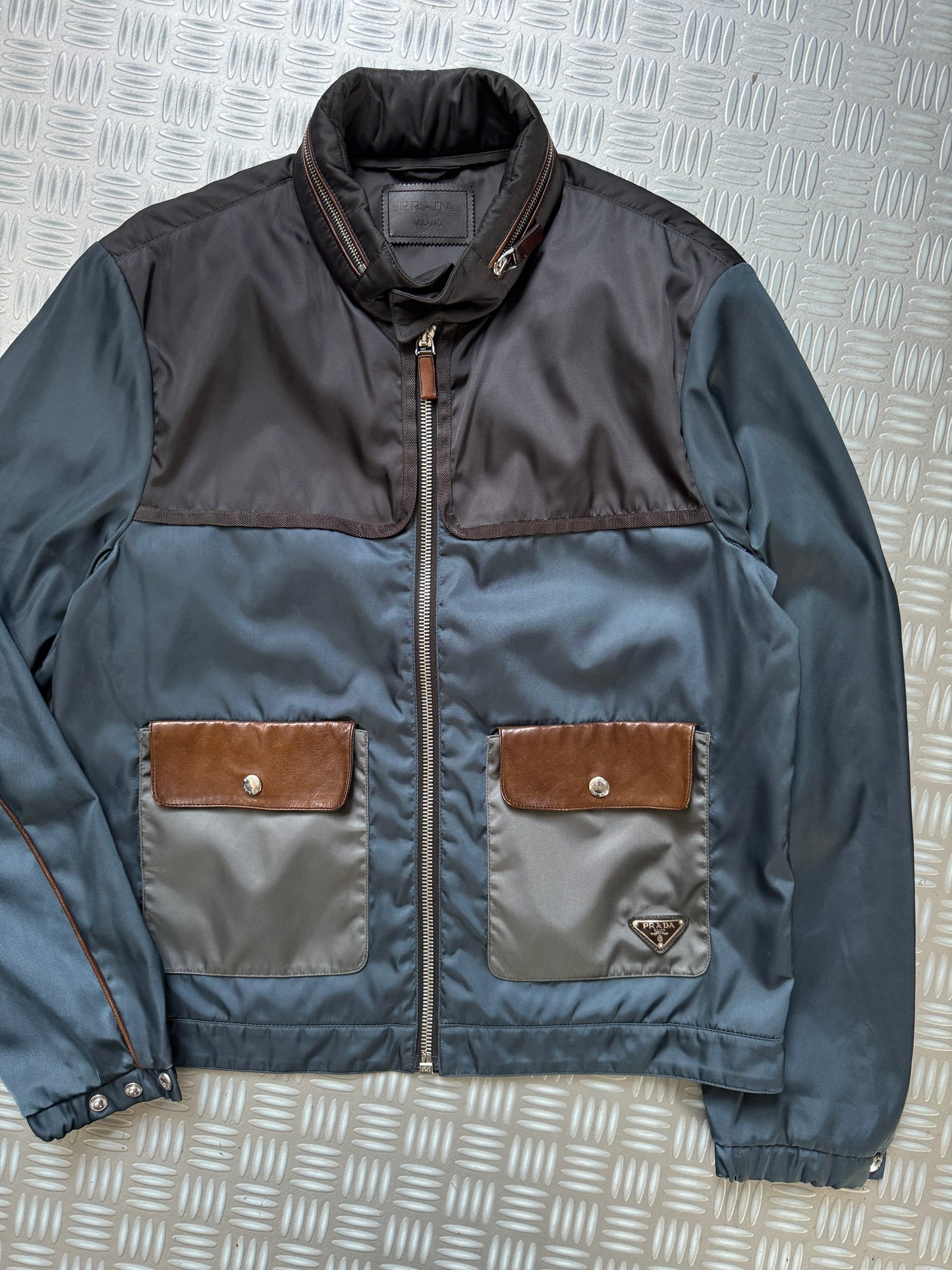 Prada Milano Main Line Concealed Hood Nylon Jacket w/Front Leather Pocket Flaps