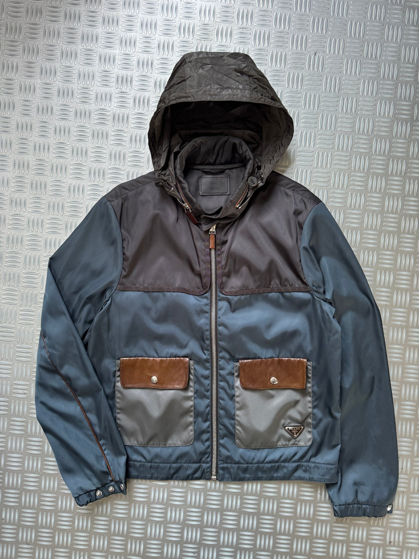 Prada Milano Main Line Concealed Hood Nylon Jacket w/Front Leather Pocket Flaps