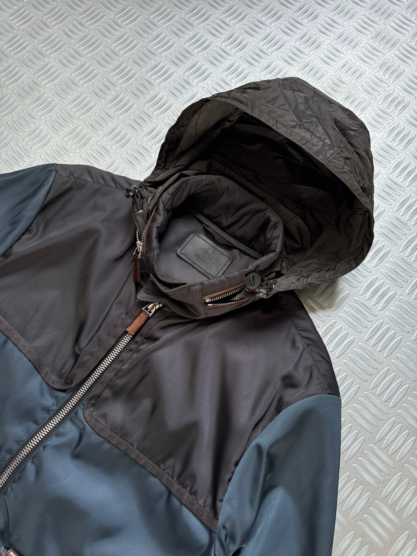 Prada Milano Main Line Concealed Hood Nylon Jacket w/Front Leather Pocket Flaps