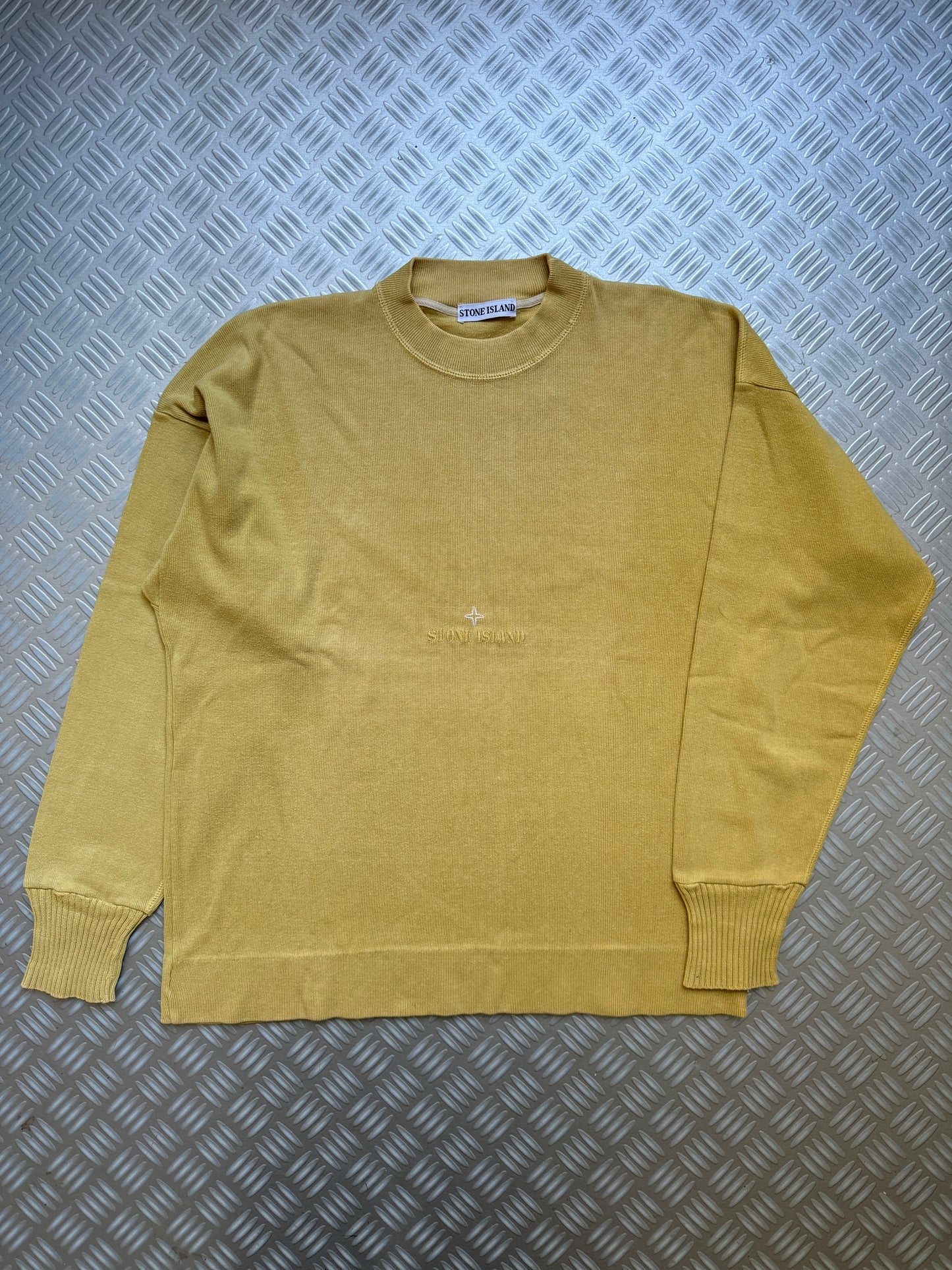 Late 1990's Stone Island Mustard Yellow Ribbed Cotton Spellout Crewneck