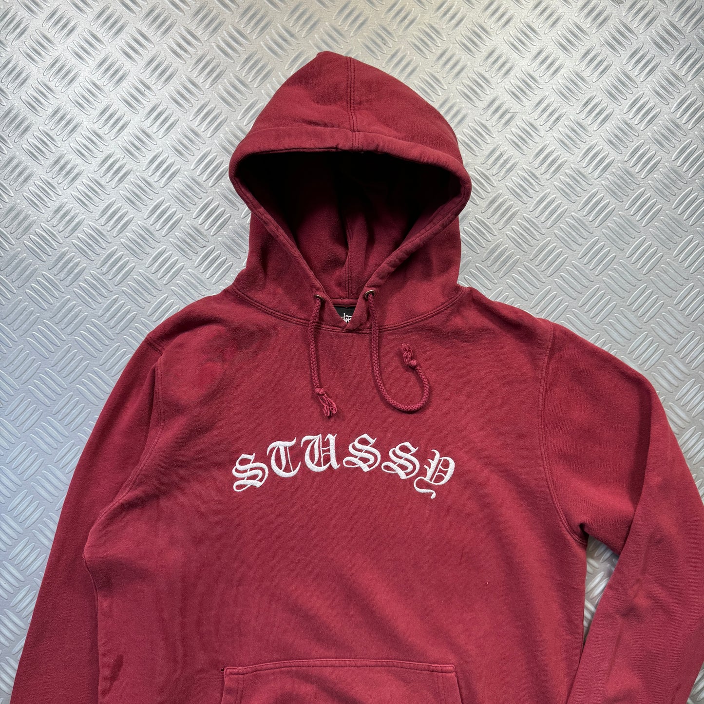 Early 2000's Stüssy Spellout Burgundy Hoodie - Medium / Large
