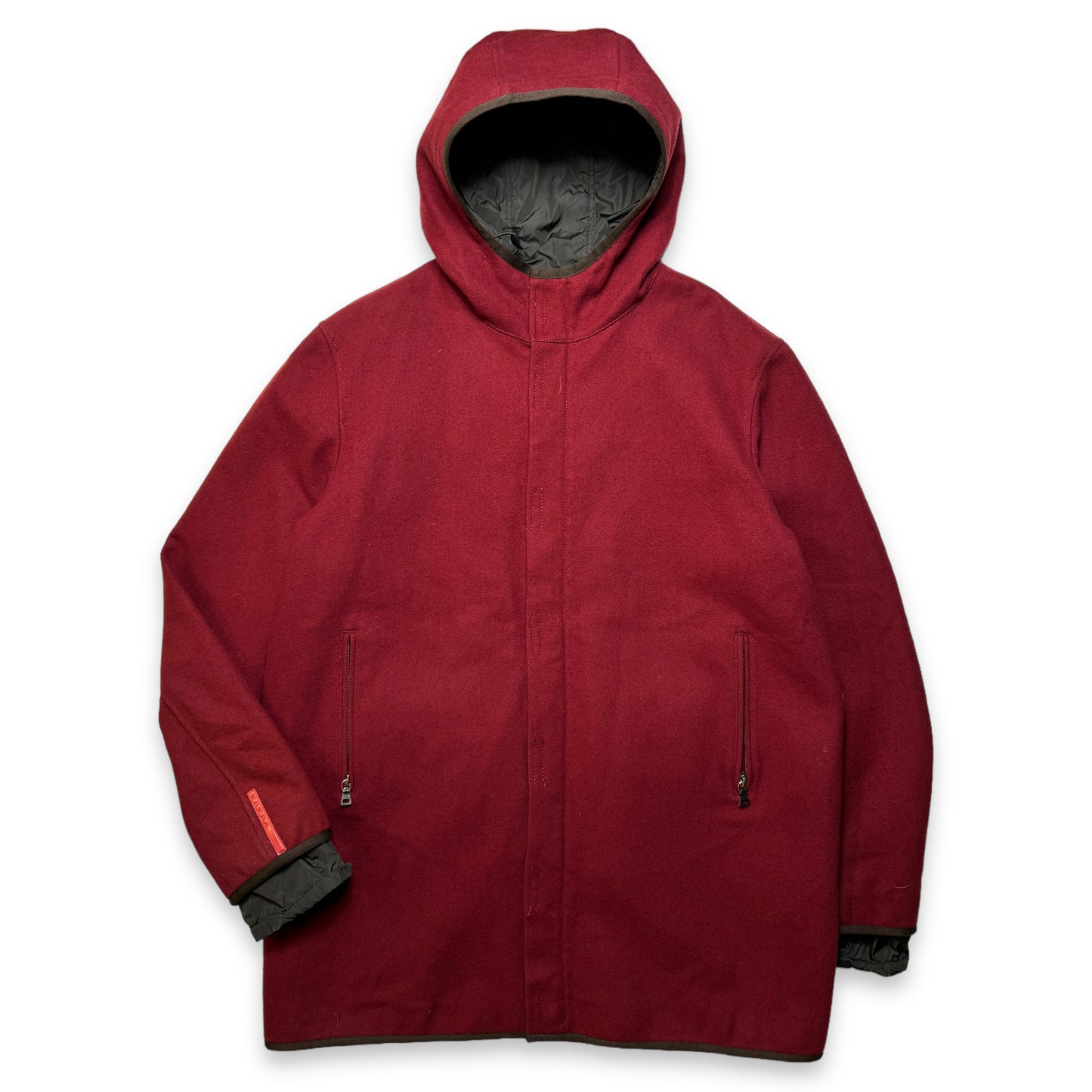 Early 2000's Prada Sport Burgundy Wool Hooded Trench Jacket - Large / Extra Large