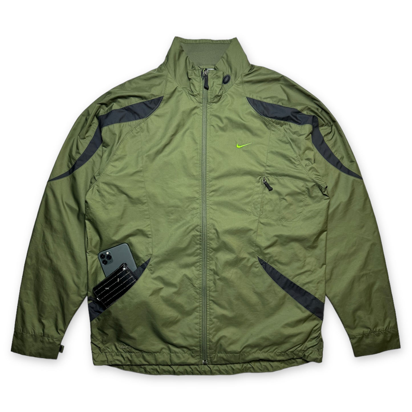 Early 2000's Nike Khaki Green Panelled Double Pocket Technical Jacket - Large