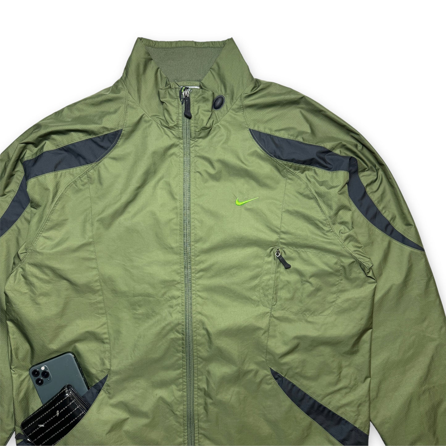 Early 2000's Nike Khaki Green Panelled Double Pocket Technical Jacket - Large