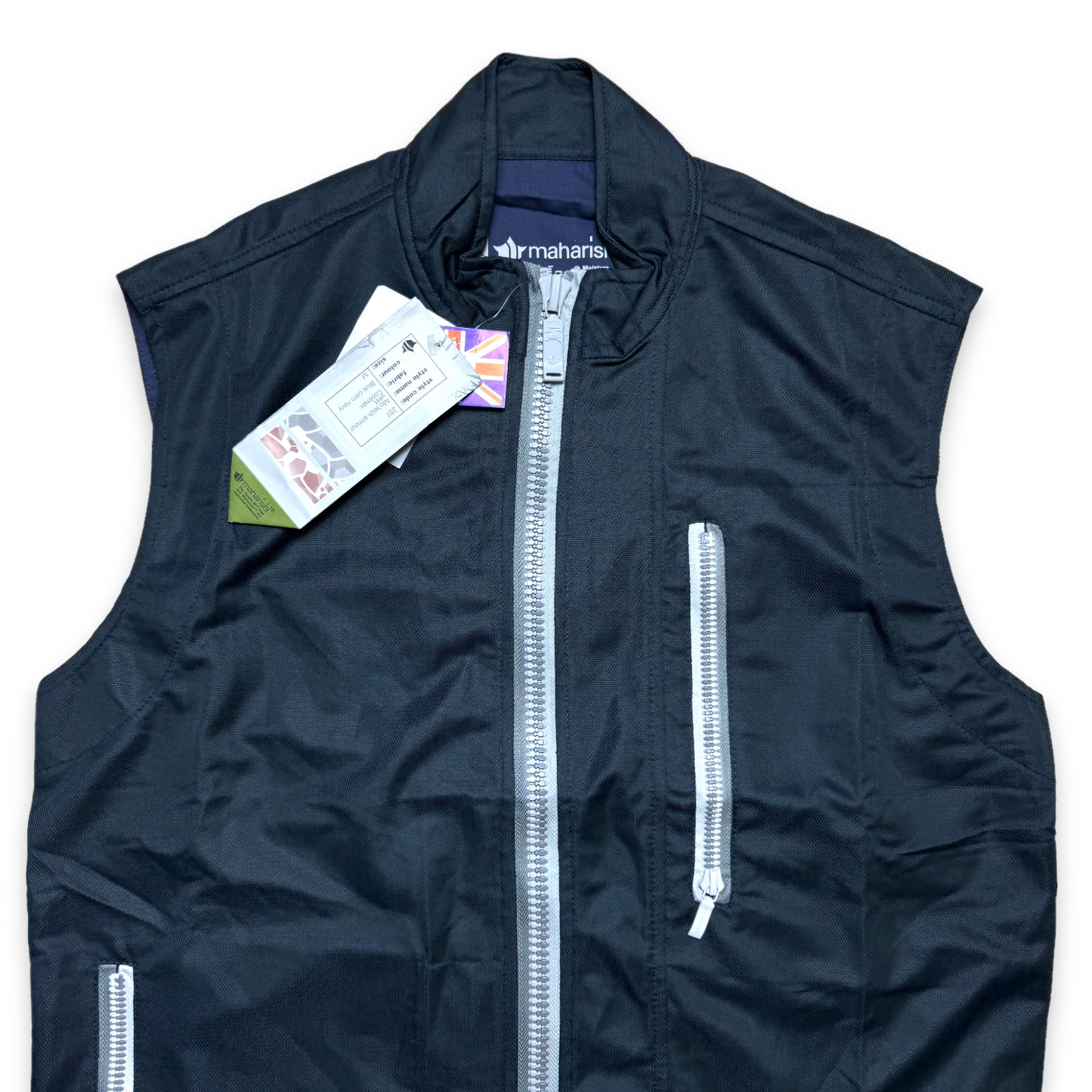 Gilet asymétrique Maharishi Midnight Navy Fine Mesh de la fin des années 1990